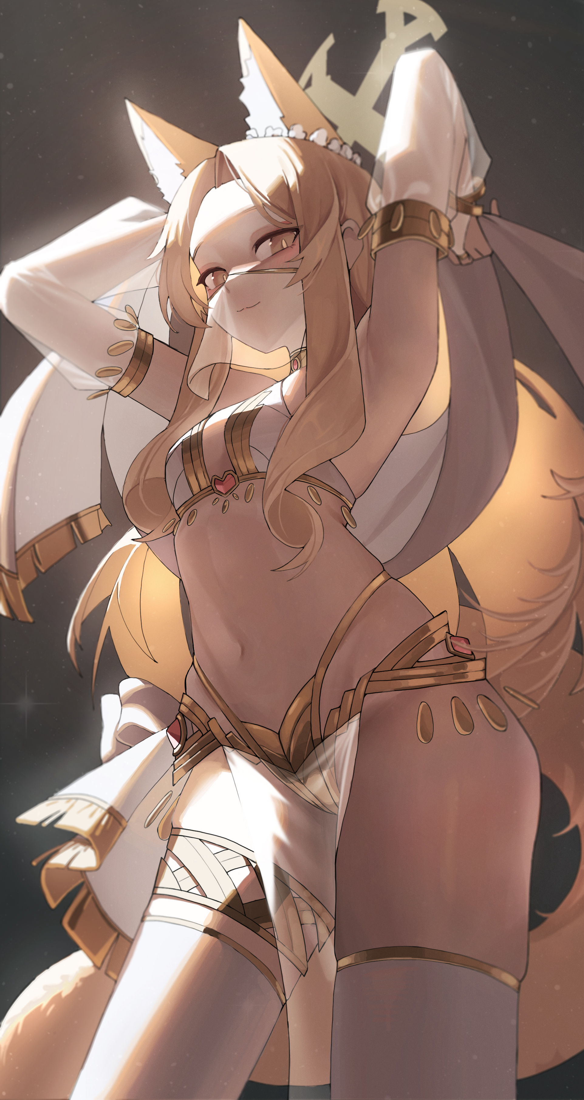 mahou gnome, seia (blue archive), blue archive, absurdres, commentary, highres, 1girl, alternate costume, animal ear fluff, animal ears, armlet, armpits, arms up, blonde hair, breasts, closed mouth, covered mouth, crop top, dancer, detached sleeves, ear wreath, extra ears, fox ears, fox girl, fox tail, from below, halo, harem outfit, jewelry, long hair, looking at viewer, mouth veil, pelvic curtain, see-through clothes, see-through sleeves, see-through veil, small breasts, smile, solo, tail, thighhighs, thighs, veil, white thighhighs, yellow eyes, yellow halo, yellow tail