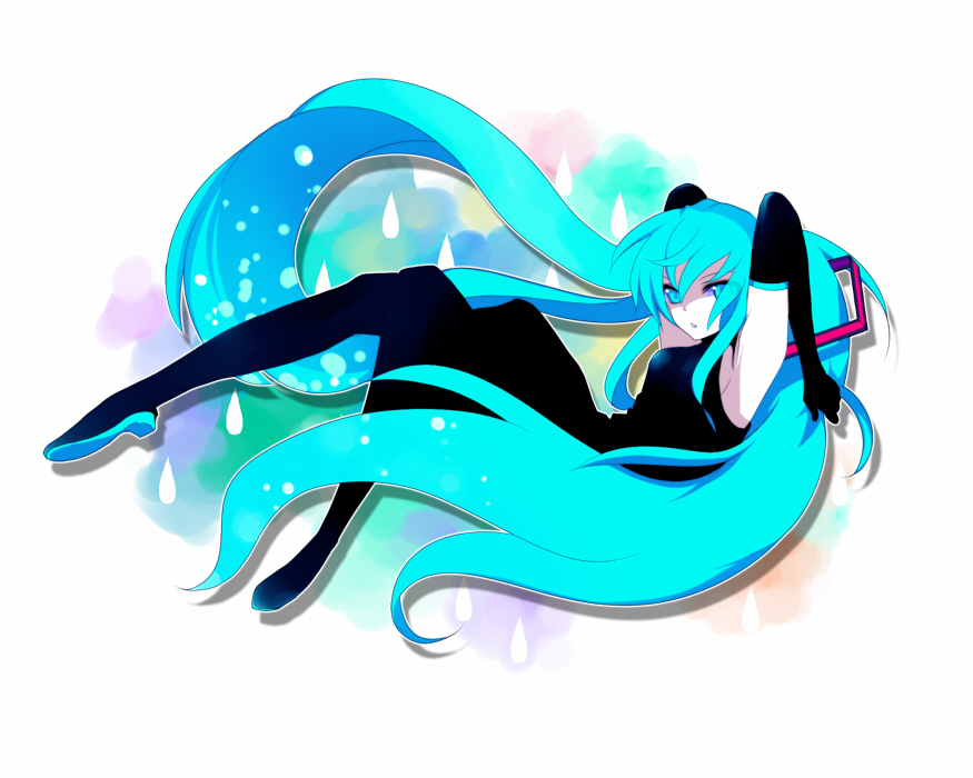 harano, hatsune miku, vocaloid, alternate costume, blue eyes, blue hair, dress, elbow gloves, gloves, halter dress, halterneck, long hair, pantyhose, solo, twintails, very long hair