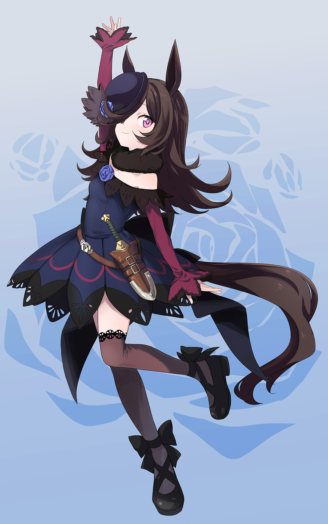 abe kanari, rice shower (rosy dreams) (umamusume), rice shower (umamusume), umamusume, commentary request, highres, 1girl, animal ears, arm up, bare shoulders, belt, black belt, black hair, black shoes, black thighhighs, blue background, blue dress, blue flower, blue hat, blue rose, closed mouth, dagger, detached collar, detached sleeves, dress, flower, full body, hair over one eye, hat, horse ears, horse girl, horse tail, knife, long hair, long sleeves, looking at viewer, outstretched arm, purple eyes, purple skirt, rose, sheath, sheathed, shoes, skirt, smile, solo, standing, standing on one leg, strapless, strapless dress, tail, thighhighs, weapon