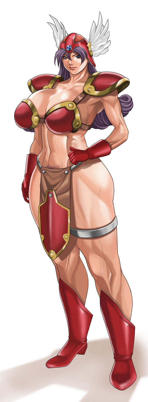 hideaki honjou, warrior (dq3), chunsoft, dragon quest, dragon quest iii, enix, square enix, highres, 1girl, abs, armor, bad proportions, bikini, bikini armor, blue eyes, boots, breasts, cleavage, female focus, female pubic hair, gloves, hat, helmet, huge breasts, lips, long hair, muscular, muscular female, poorly drawn, pubic hair, purple hair, smile, solo, swimsuit, sword, weapon