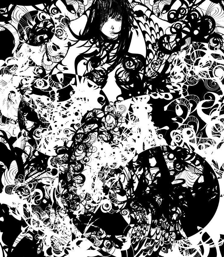 kazaana, original, 1girl, abstract, expressionless, female focus, greyscale, long hair, looking at viewer, monochrome, solo