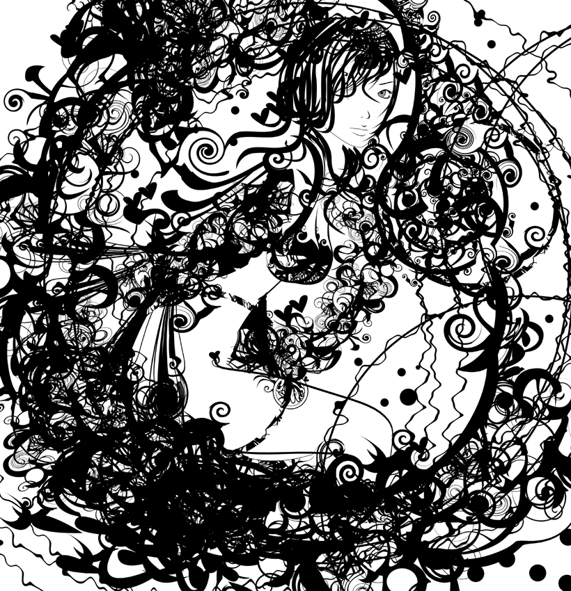 kazaana, original, 1girl, abstract, bra, female focus, greyscale, heart, long hair, looking at viewer, monochrome, psychedelic, solo, underwear