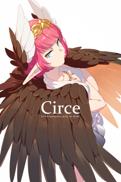 echo (circa), circe (fate), circe (first ascension) (fate), fate/grand order, fate (series), 1girl, bare shoulders, blue eyes, breasts, character name, circlet, crossed arms, dress, feathered wings, head wings, jewelry, looking at viewer, necklace, pink hair, pointy ears, short dress, short hair, sleeveless, sleeveless dress, small breasts, white dress, wings