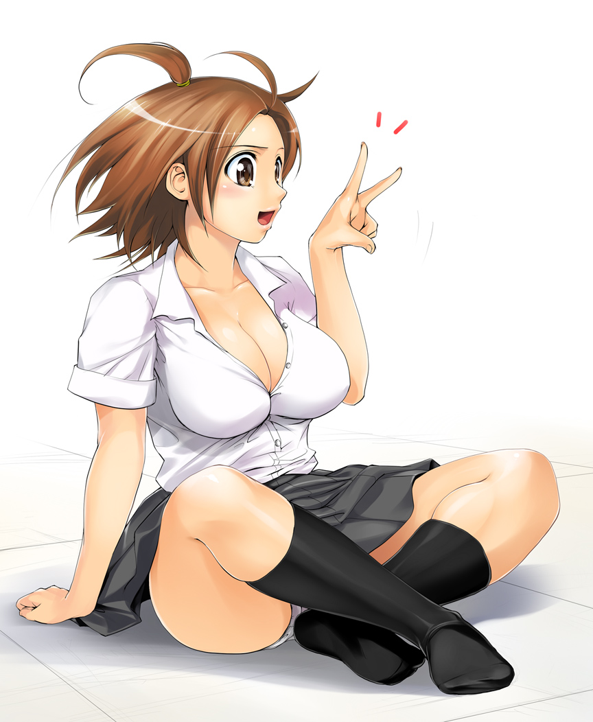 shinozuka jouji, original, bad id, bad pixiv id, 1girl, breasts, brown eyes, brown hair, cleavage, crossed legs, feet, female focus, indian style, kneehighs, large breasts, no shoes, open clothes, open shirt, panties, school uniform, serafuku, shirt, sitting, smile, socks, solo, unbuttoned, underwear, v