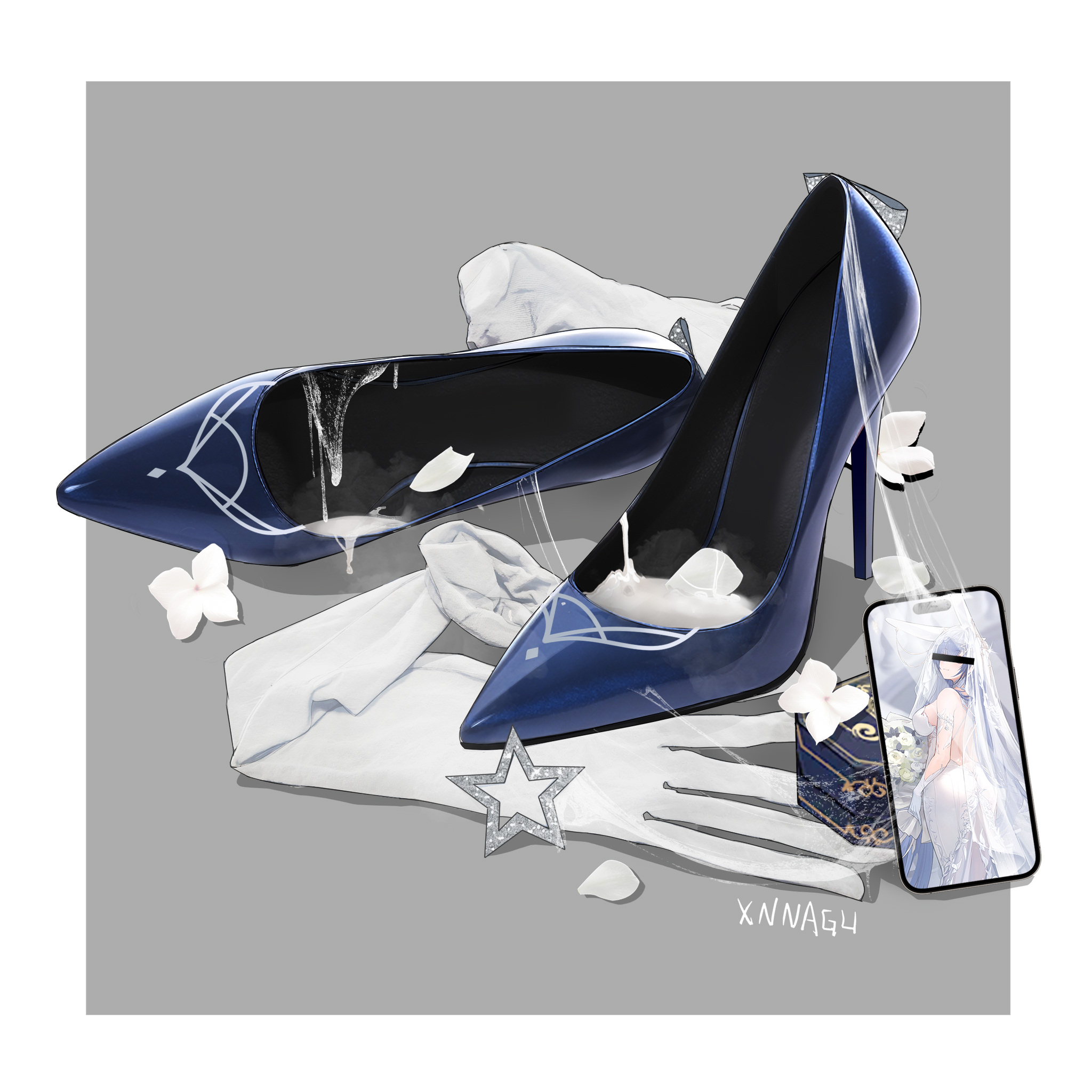 xnnagu, blue footwear, highres, 1girl, artist name, blindfold, border, bouquet, breasts, bridal veil, cellphone, censored, censored identity, cum, cum on body, cum on clothes, dress, elbow gloves, flower, gloves, grey background, half gloves, high heels, long hair, official alternate costume, petals, phone, see-through clothes, shoes, simple background, smartphone, smell, solo, stiletto heels, strapless, strapless dress, unworn gloves, unworn shoes, veil, wedding dress, white dress, white flower, white gloves, white hair