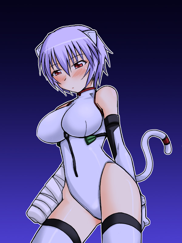 bach, kamiya ogawa, ayanami rei, neon genesis evangelion, looking away, pilot suit, 1girl, adapted costume, alternate breast size (larger), animal ears, arm behind back, averting eyes, bandaged arm, bandages, bare shoulders, blue background, blue hair, blush, bracer, breasts, cast, cat tail, cowboy shot, elbow gloves, embarrassed, fake animal ears, fake tail, female focus, from side, gloves, gradient background, grimrock! mix edition, hair between eyes, halterneck, headgear, highleg, highleg leotard, hip bones, impossible clothes, impossible leotard, kemonomimi mode, large breasts, legs apart, leotard, looking down, mecha pilot suit, outline, plugsuit (evangelion), red eyes, short hair, solo, standing, super plugsuit (evangelion), tail, thighhighs, turtleneck, white gloves, white leotard, white thighhighs