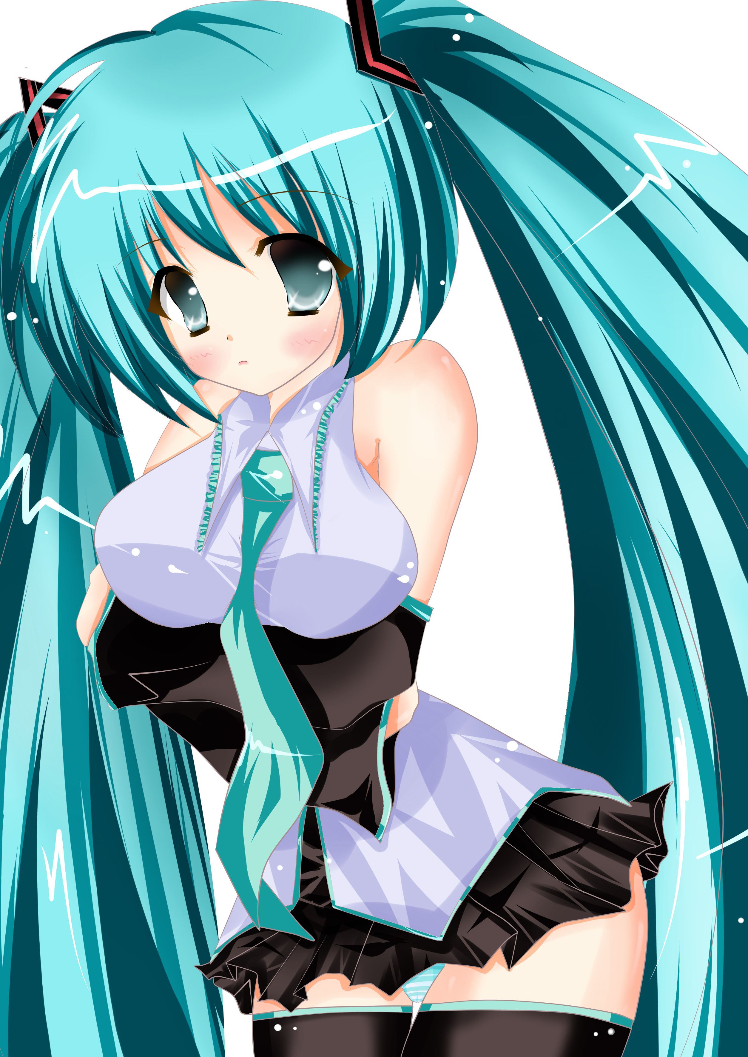 rika-tan (rikatantan), hatsune miku, vocaloid, breast hold, absurdres, bad id, bad pixiv id, highres, 1girl, aqua hair, blush, breasts, breasts squeezed together, female focus, large breasts, long hair, panties, pantyshot, solo, thighhighs, twintails, underwear
