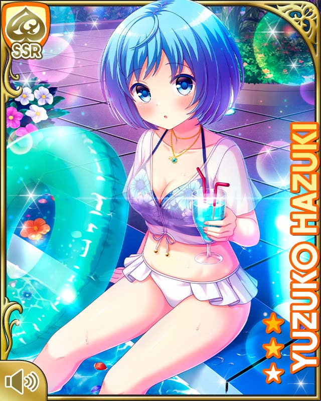 qp:flapper, hazuki yuzuko, girlfriend (kari), official art, tagme, 1girl, :o, bare arms, bare legs, barefoot, bikini, blue eyes, blue hair, card, character name, city, innertube, juice, microskirt, navel, night, open mouth, outdoors, pool, poolside, see-through clothes, see-through shirt, shirt, short hair, sitting, skirt, solo, swim ring, swimsuit, tile floor, tiles, white bikini, white skirt