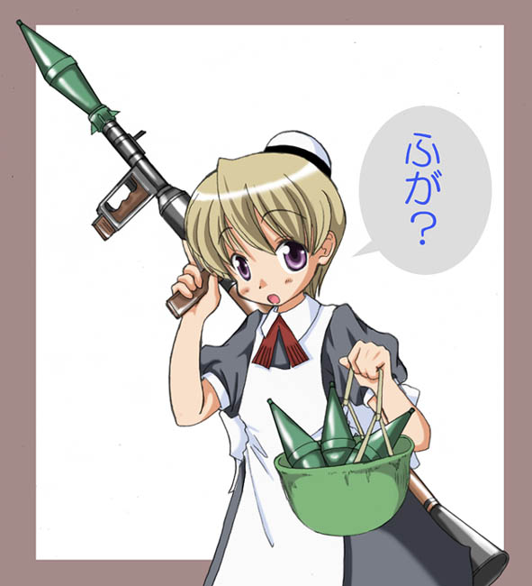 miya yonakiya, flandre (kaibutsu oujo), kaibutsu oujo, 00s, 1girl, android, blonde hair, female focus, maid, solo, standing, white background