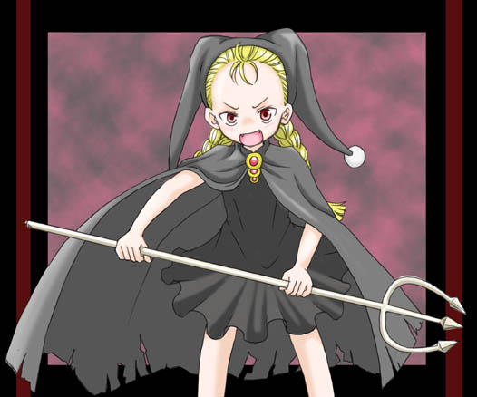 miya yonakiya, kereberotte, kaibutsu oujo, 00s, blonde hair, cape, polearm, spear, trident, weapon