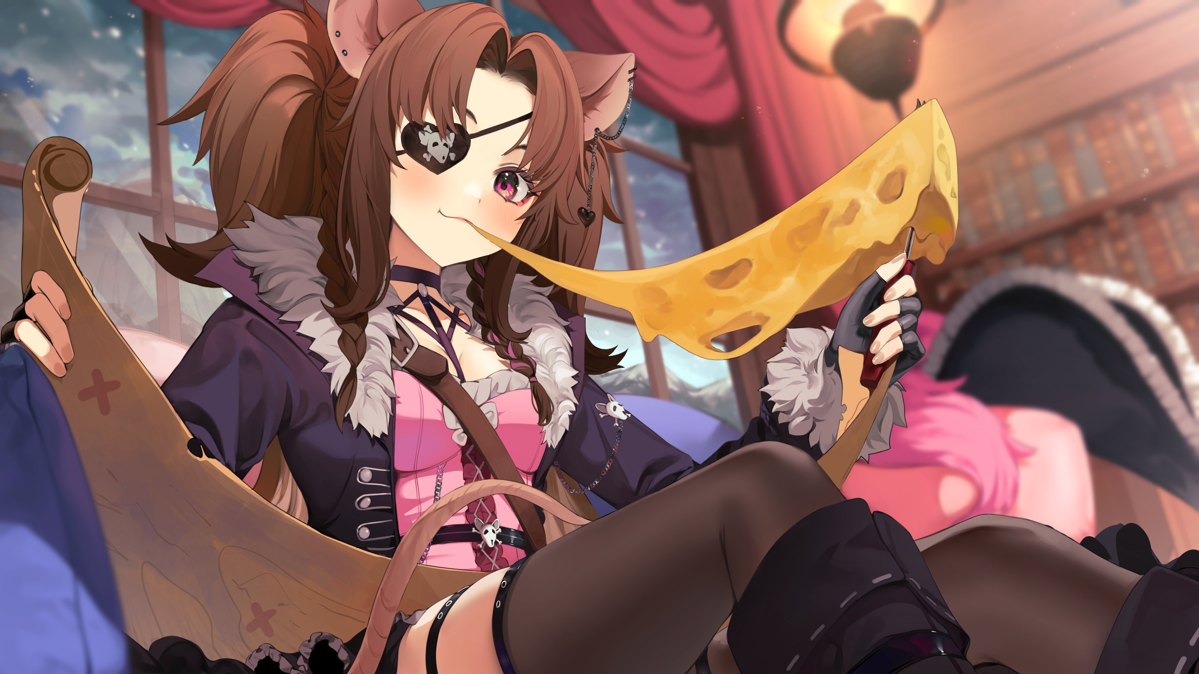 hiiragi mikoto, indie virtual youtuber, absurdres, commentary request, commission, highres, skeb commission, 1girl, animal ears, belt, black boots, black gloves, black hat, black thighhighs, book, bookshelf, boots, breasts, brown belt, brown hair, closed mouth, eating, eyepatch, fingerless gloves, food, fur-trimmed jacket, fur trim, gloves, hat, holding, holding map, indoors, jacket, kyoharu (vtuber), long hair, long sleeves, looking at viewer, map, medium breasts, mouse ears, mouse girl, open clothes, open jacket, pirate hat, purple eyes, purple jacket, skull and crossbones, solo, thighhighs, two side up, virtual youtuber, window