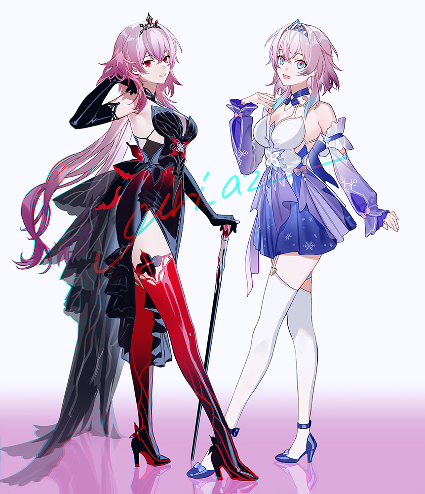 gr giri, evernight (honkai: star rail), march 7th (honkai: star rail), honkai: star rail, honkai (series), 2girls, alternate costume, bare shoulders, black gloves, blue shoes, breasts, cleavage, detached sleeves, dress, elbow gloves, full body, gloves, high heels, long hair, long sleeves, multiple girls, official alternate costume, open mouth, parted lips, pink hair, red eyes, reflection, shoes, short hair with long locks, smile, standing, thighhighs, very long hair, white thighhighs