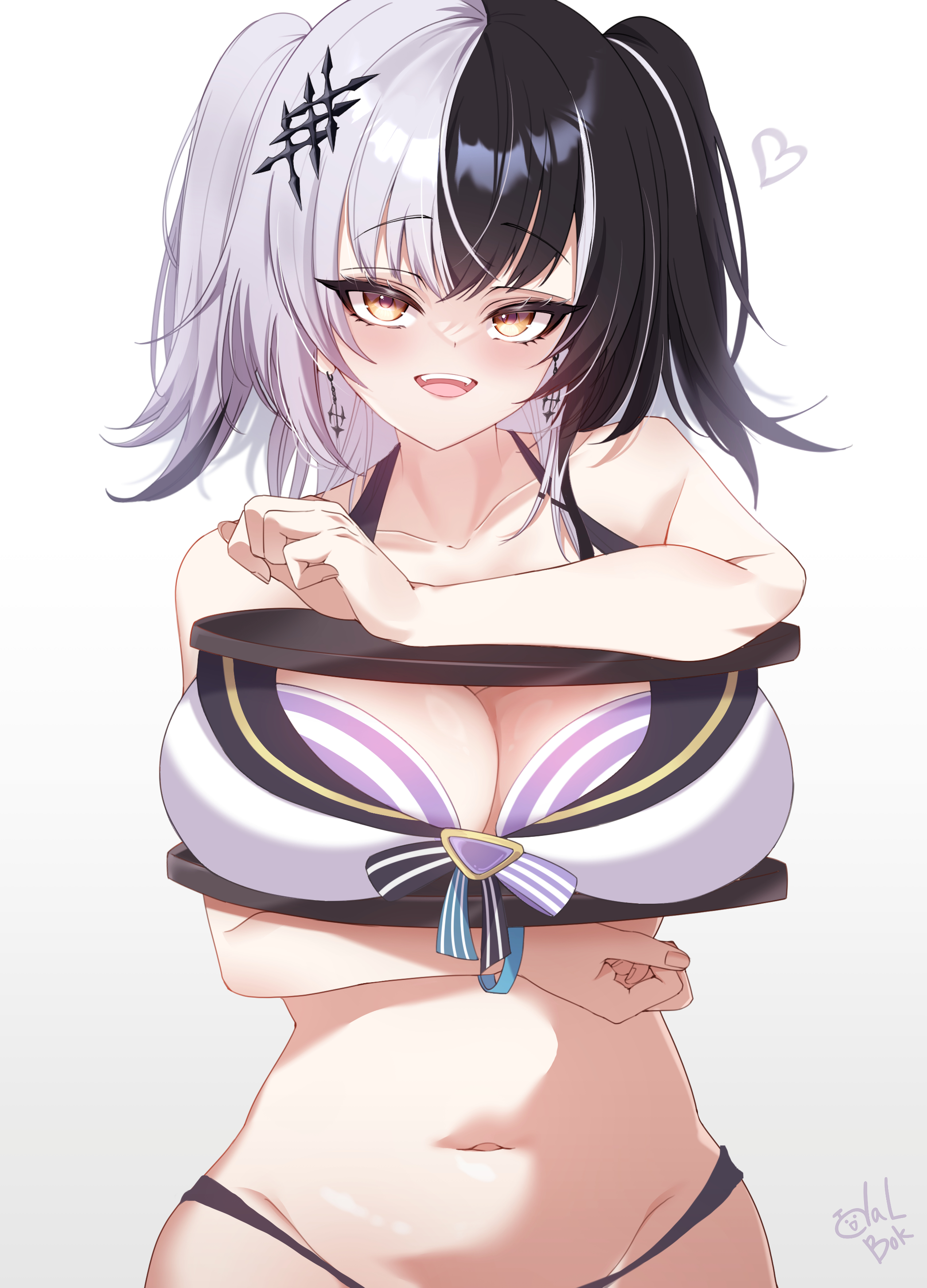 todalbok106, shiori novella, hololive, hololive english, absurdres, commentary, highres, 1girl, bikini, black hair, blush, breasts, cleavage, earrings, fingernails, front-tie bikini top, front-tie top, grey hair, groin, hair ornament, heart, hololive summer 2023 swimsuit, jewelry, large breasts, layered bikini, looking at viewer, medium hair, meme, multicolored hair, navel, official alternate costume, open mouth, shioreos (meme), signature, simple background, smile, solo, split-color hair, stomach, swimsuit, twintails, virtual youtuber, white background, yellow eyes