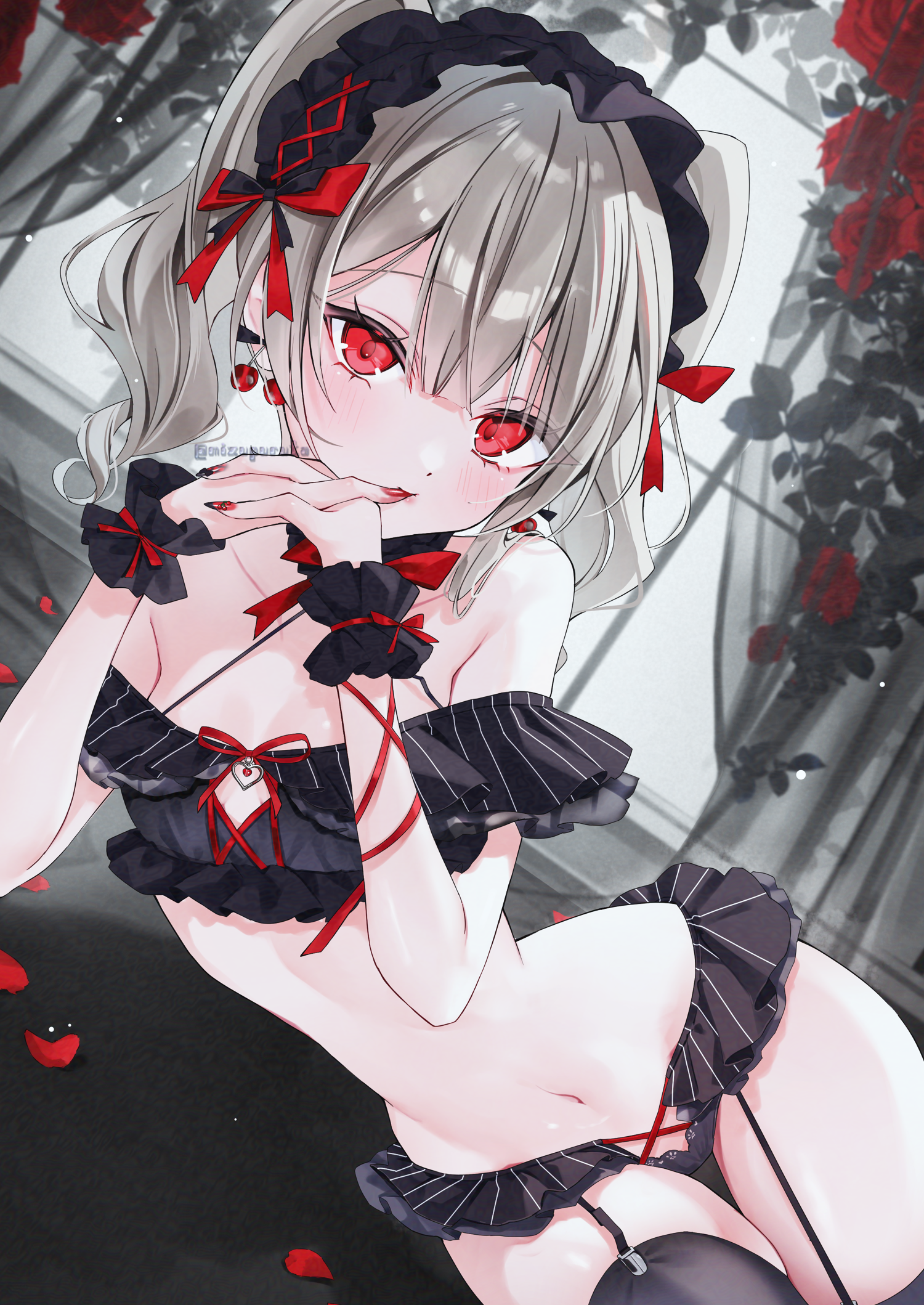 mizupuruta, original, highres, 1girl, bikini, black bikini, blush, breasts, curtains, earrings, flower, frilled bikini, frills, grey hair, hair ribbon, heart, heart earrings, jewelry, looking at viewer, nail polish, navel, panties, petals, red eyes, red flower, red nails, red ribbon, red rose, ribbon, rose, rose petals, small breasts, solo, stomach, swimsuit, twintails, underwear, wrist cuffs