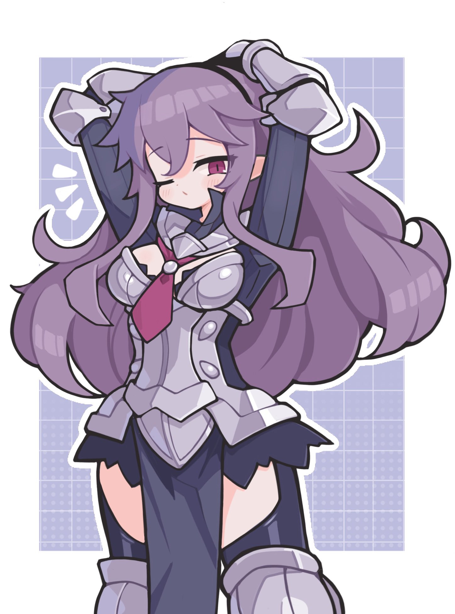 suaman, heavy knight (disgaea), disgaea, commentary, highres, 1girl, armor, arms up, black shirt, black thighhighs, blush, boots, border, closed mouth, cowboy shot, grid background, long hair, long sleeves, looking at viewer, notice lines, one eye closed, outline, outside border, pelvic curtain, purple background, purple hair, red eyes, shirt, silver boots, solo, thigh boots, thighhighs, white border, white outline