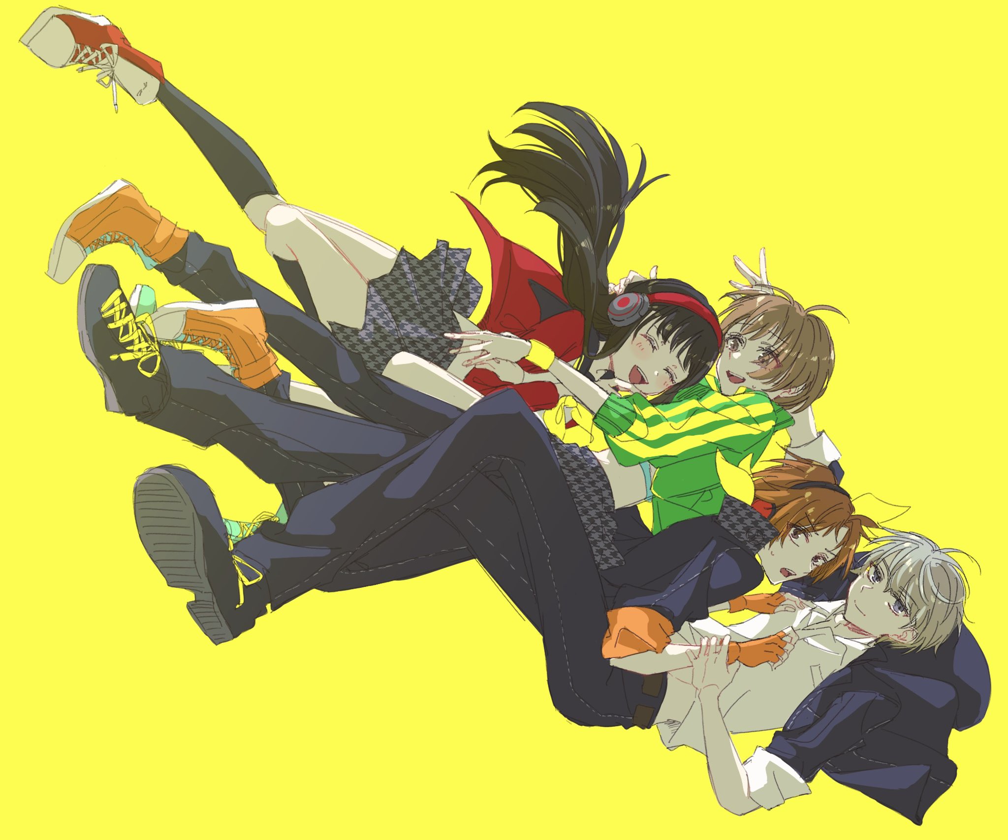sakizome1001, amagi yukiko, hanamura yousuke, narukami yu, satonaka chie, persona, persona 4, persona 4: dancing all night, persona dancing, highres, 2boys, 2girls, :d, antenna hair, aqua shirt, aqua shoes, belt, black hair, black jacket, black pants, black sailor collar, black shoes, black skirt, black socks, blunt bangs, blush, bracelet, brown eyes, brown hair, closed eyes, closed mouth, crop top, cropped jacket, curtained hair, dress shirt, falling, fingerless gloves, floating clothes, floating hair, full body, gloves, grabbing another's hand, grabbing another's shirt, green jacket, grey eyes, grey hair, grey skirt, hand on another's head, headphones, jacket, jewelry, knee up, kneehighs, long hair, looking at another, midriff, multicolored jacket, multicolored shoes, multiple boys, multiple girls, neckerchief, open clothes, open jacket, open mouth, orange gloves, orange shoes, pants, pleated skirt, red shirt, red shoes, sailor collar, school uniform, shirt, shoes, short hair, simple background, skirt, sleeves rolled up, smile, socks, sweatdrop, teeth, two-tone jacket, two-tone shoes, two-tone skirt, upper teeth only, white shirt, white shoes, wispy bangs, yasogami school uniform, yellow background, yellow neckerchief