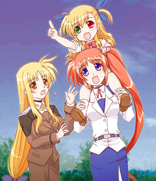 kairakuen umenoka, fate testarossa, takamachi nanoha, vivio, lyrical nanoha, mahou shoujo lyrical nanoha, mahou shoujo lyrical nanoha a's, mahou shoujo lyrical nanoha strikers, 00s, 3girls, blonde hair, blue eyes, brown hair, hair ribbon, heterochromia, long hair, low-tied long hair, military, military uniform, multiple girls, ponytail, purple eyes, red eyes, ribbon, side ponytail, very long hair