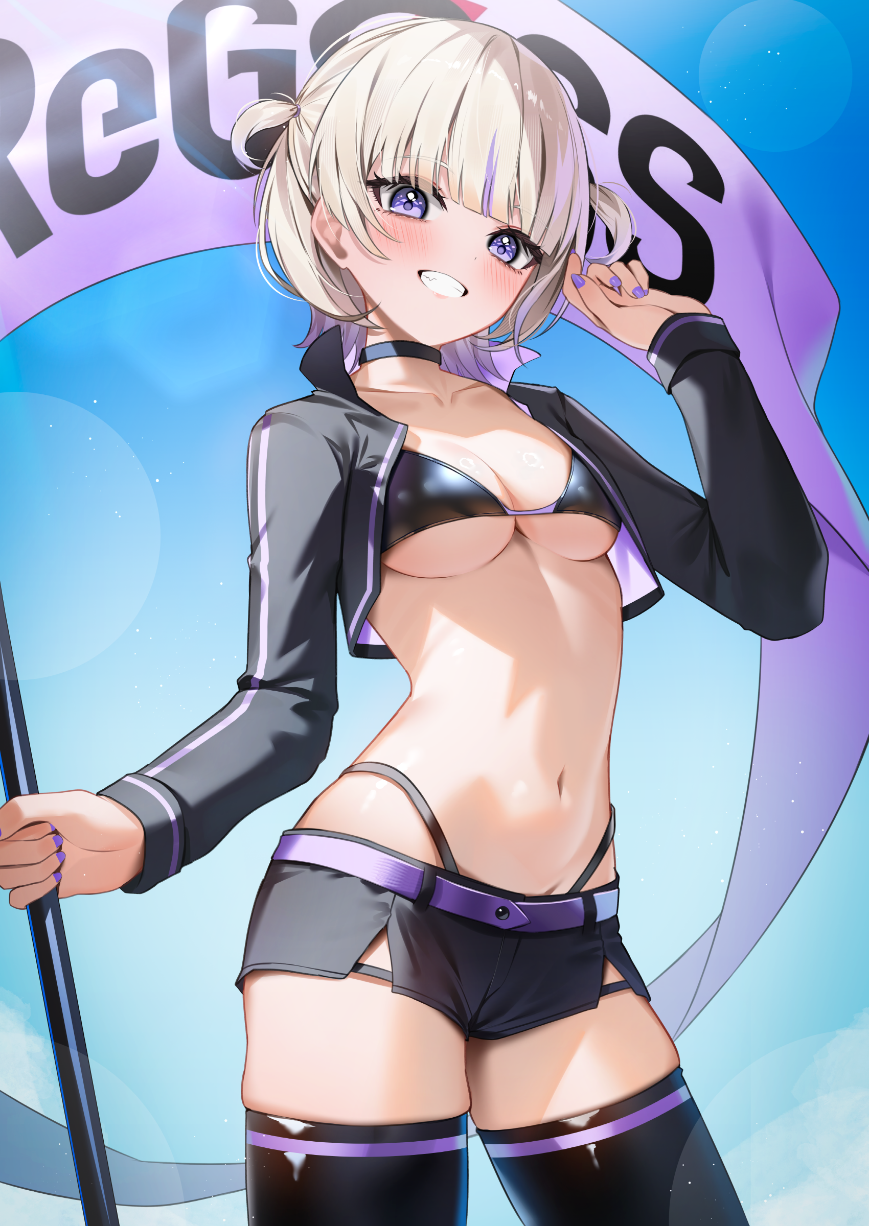 shuvi (shuvi1125), todoroki hajime, hololive, hololive dev is, absurdres, highres, 1girl, alternate costume, bikini, bikini under shorts, black bikini, black choker, black jacket, black shorts, black thighhighs, blonde hair, blush, breasts, choker, cowboy shot, cropped jacket, flag, grin, highleg, highleg bikini, holding, holding flag, jacket, jacket over swimsuit, long sleeves, looking at viewer, multicolored hair, navel, open clothes, open jacket, purple eyes, purple hair, purple nails, short hair, short shorts, shorts, small breasts, smile, solo, standing, stomach, streaked hair, swimsuit, teeth, thighhighs