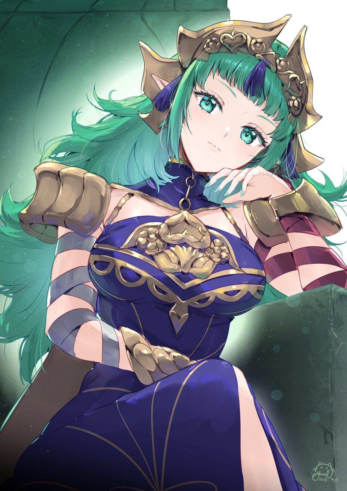 yuuri (orz commushows), sothis (adult) (fire emblem), sothis (fire emblem), fire emblem, fire emblem: fortune's weave, nintendo, commentary request, highres, 1girl, arm wrap, breasts, closed mouth, dress, green eyes, green hair, hair ornament, headpiece, large breasts, long hair, looking at viewer, pointy ears, purple dress, ribbon, sitting, sitting on throne, solo, tassel, tassel hair ornament, throne, tiara