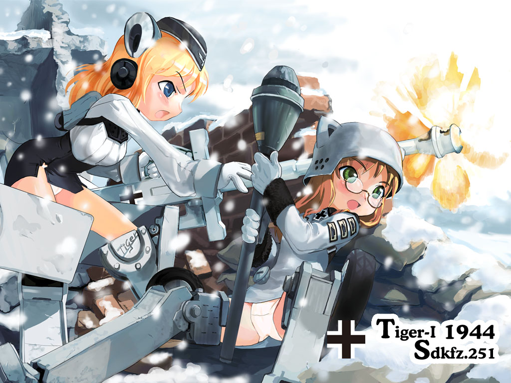 zeco, sdkfz 251, girl arms, vehicle, non-web source, 2girls, balkenkreuz, combat helmet, cross, garrison cap, glasses, gloves, hat, helmet, high-explosive anti-tank (warhead), iron cross, man-portable anti-tank systems, mecha musume, military, military vehicle, motor vehicle, multiple girls, panties, panzerfaust, recoilless gun, reichsadler, short hair, snow, stahlhelm, tank, tiger i, underwear, wehrmacht, world war ii
