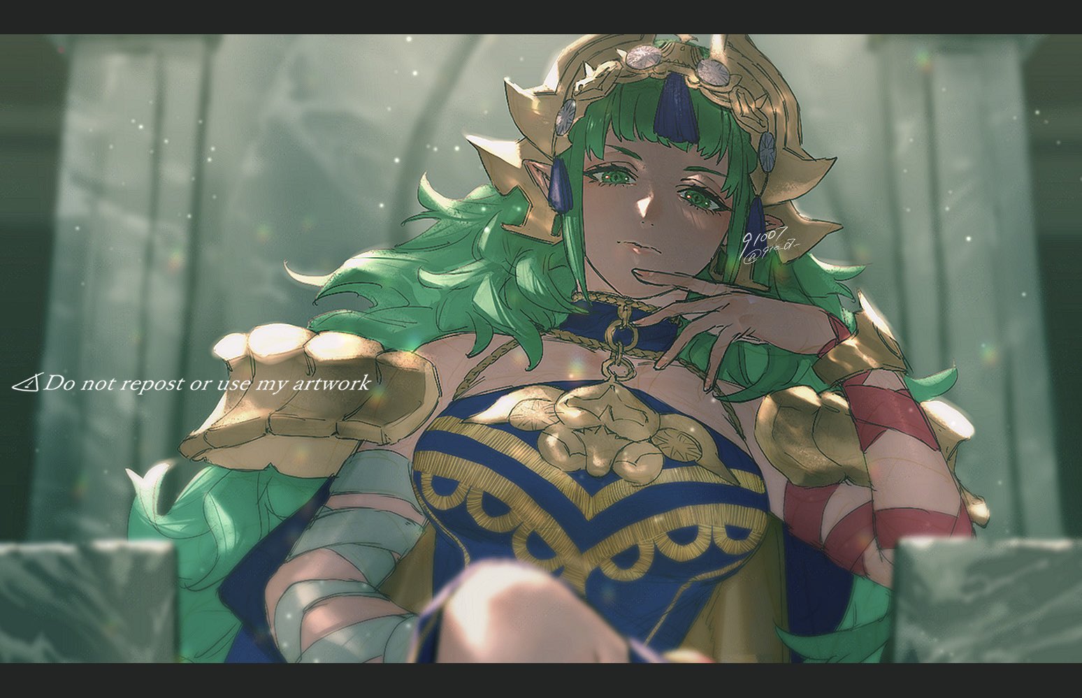 91007, sothis (adult) (fire emblem), sothis (fire emblem), fire emblem, fire emblem: fortune's weave, nintendo, commentary request, 1girl, arm wrap, breasts, closed mouth, dress, green eyes, green hair, hair ornament, headpiece, large breasts, long hair, looking at viewer, pointy ears, purple dress, ribbon, sitting, sitting on throne, solo, tassel, tassel hair ornament, throne, tiara