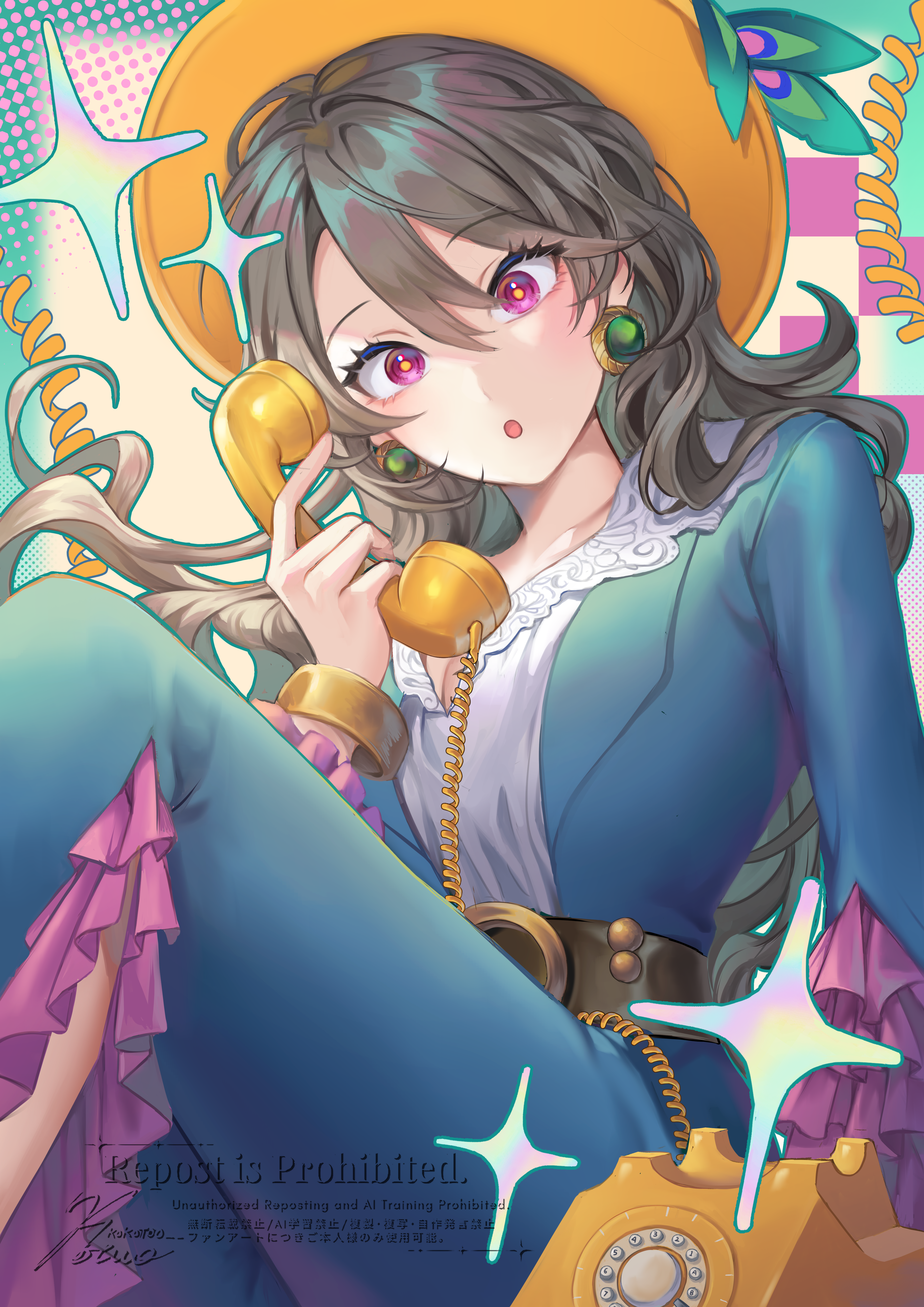 kokotuo, vita (honkai impact), honkai (series), honkai impact 3rd, absurdres, commentary, english commentary, highres, 1girl, :o, alternate costume, blue dress, breasts, cleavage, corded phone, dress, earrings, grey hair, hair between eyes, hat, jewelry, large breasts, long dress, long hair, long sleeves, looking at viewer, open mouth, phone, red eyes, solo, yellow pupils