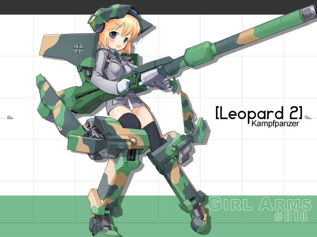 zeco, girl arms, vehicle, 1girl, blonde hair, blue hat, female focus, gloves, hat, leopard2 (tank), mecha musume, midriff peek, military, military vehicle, motor vehicle, panties, short hair, solo, tank, thighhighs, underwear