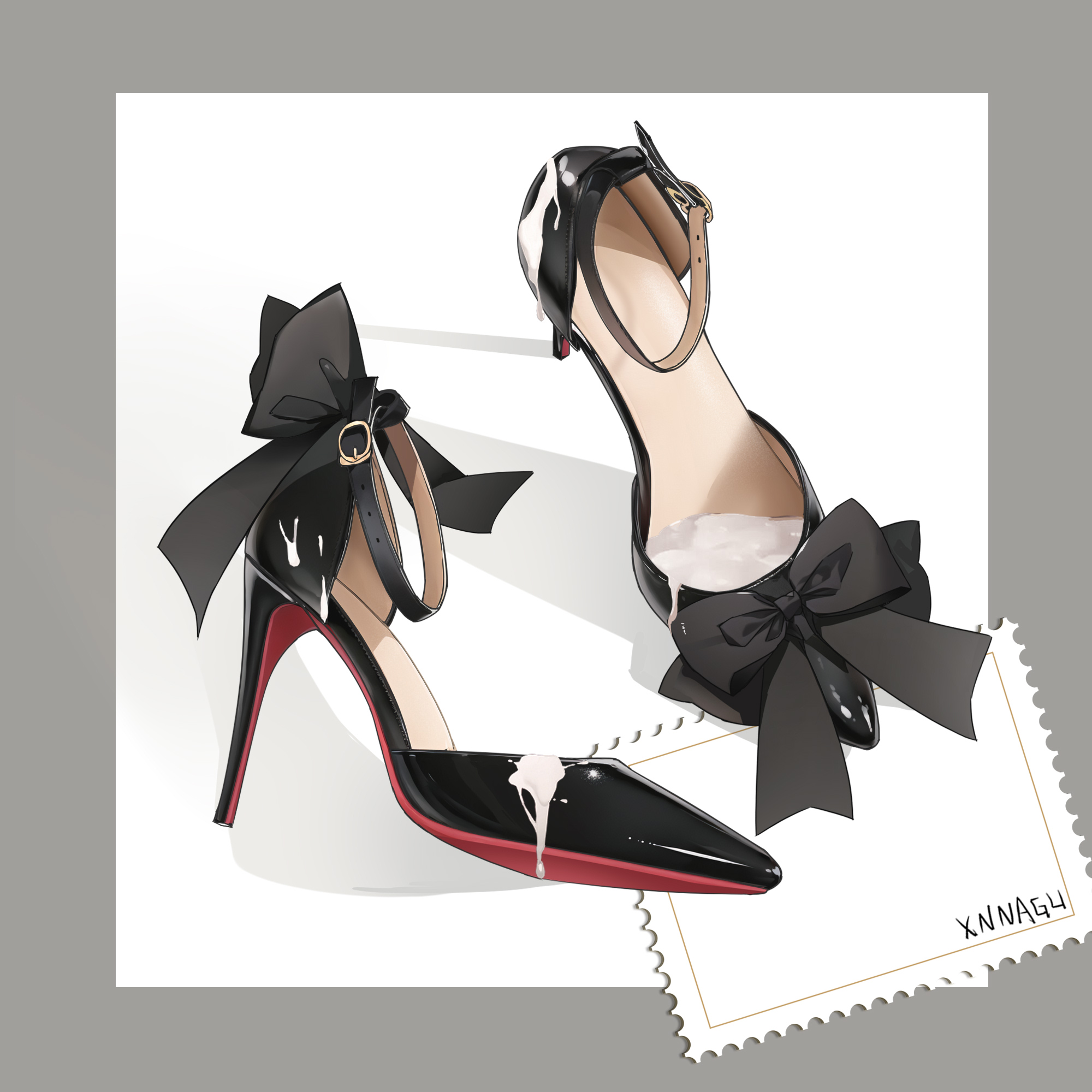 xnnagu, black footwear, highres, artist name, black bow, border, bow, colored shoe soles, cum, cum on body, cum on clothes, cum on feet, footwear bow, grey border, high heels, no humans, pumps, shadow, shoes, signature, simple background, single shoe, stiletto heels, still life, strappy heels, unworn shoes, white background