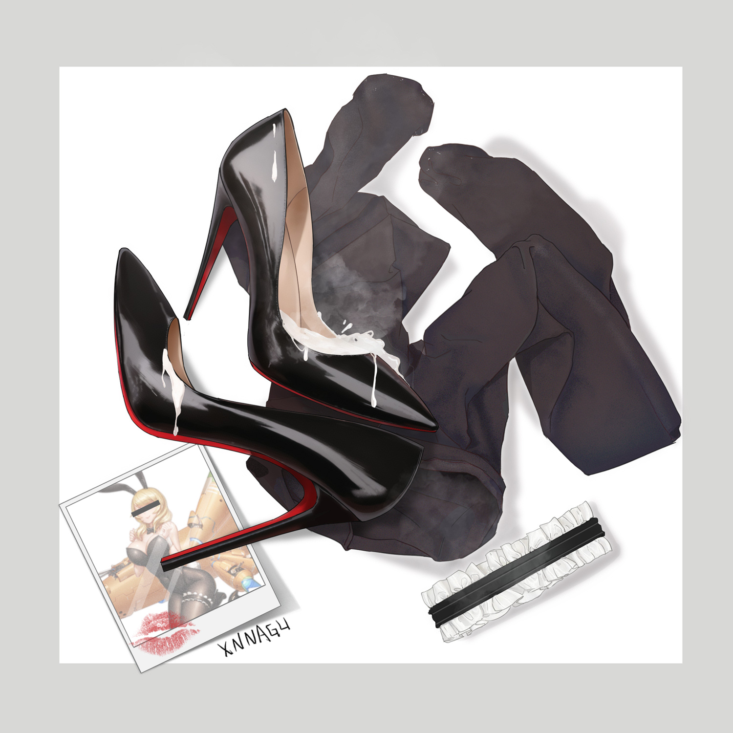 xnnagu, black footwear, highres, 1girl, aftersex, animal ears, bar censor, black leotard, black pantyhose, blonde hair, border, breasts, censored, censored identity, cum, cum on body, cum on clothes, cum on feet, cumdrip, fake animal ears, frills, grey border, high heels, id card, leotard, no humans, outside border, pantyhose, photo (object), playboy bunny, rabbit ears, shoes, simple background, smell, stiletto heels, strapless, strapless leotard, thighhighs, unworn clothes, unworn shoes, unworn thighhighs, white background