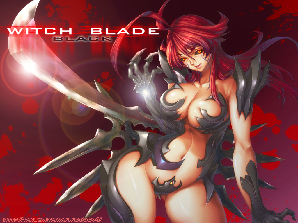 momofuki rio, takuya itaiwan, amaha masane, witchblade, blade, 00s, 1girl, arm blade, armor, bikini armor, black sclera, breasts, claws, cleavage, colored sclera, female focus, hip focus, large breasts, navel, red hair, smile, solo, weapon, wide hips, yellow eyes