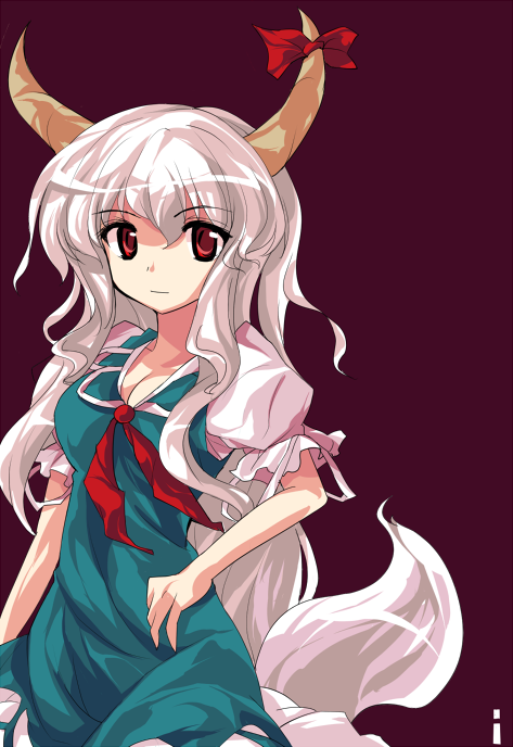 ideolo, ex-keine, kamishirasawa keine, touhou, silver hair, 1girl, alphes (style), breasts, cleavage, female focus, horns, long hair, parody, red eyes, ribbon, solo, style parody, very long hair