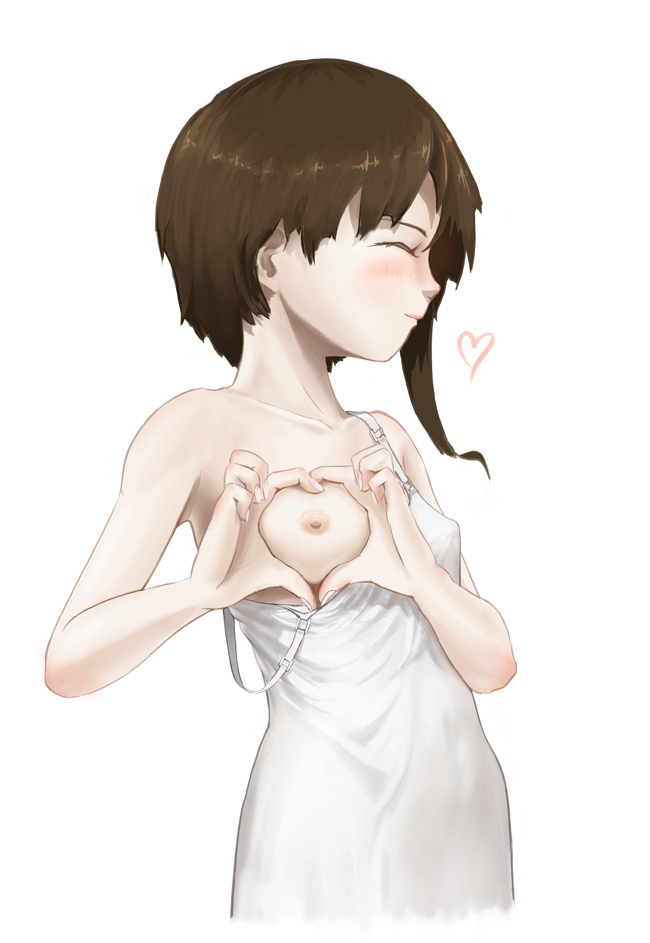 trashman333, iwakura lain, serial experiments lain, highres, 1girl, blush, breasts, brown hair, closed eyes, closed mouth, dress, four-finger heart hands, heart, heart-shaped boob challenge, heart hands, nipples, one breast out, simple background, sleeveless, sleeveless dress, small breasts, solo, white background, white dress