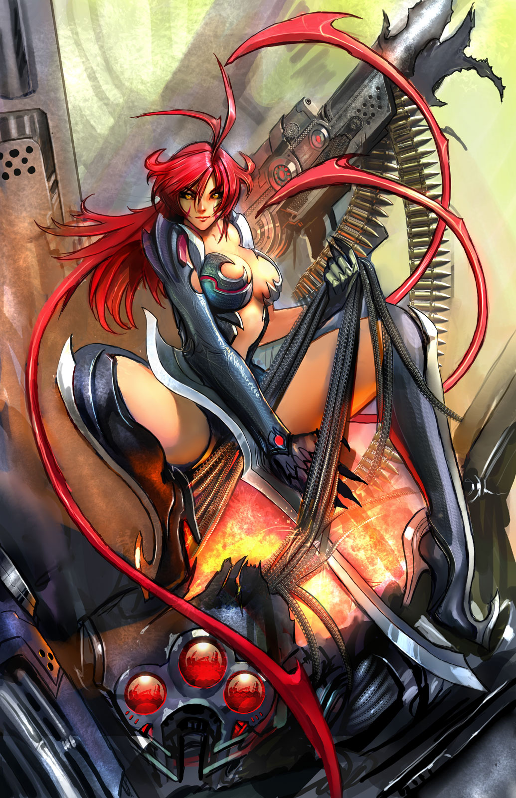 stjepan sejic, amaha masane, witchblade, blade, highres, 00s, 1girl, ammunition belt, armor, bikini armor, black sclera, breasts, bullet, cable, colored sclera, female focus, high heels, large breasts, long hair, red hair, shoes, solo, sword, tattoo, weapon, yellow eyes