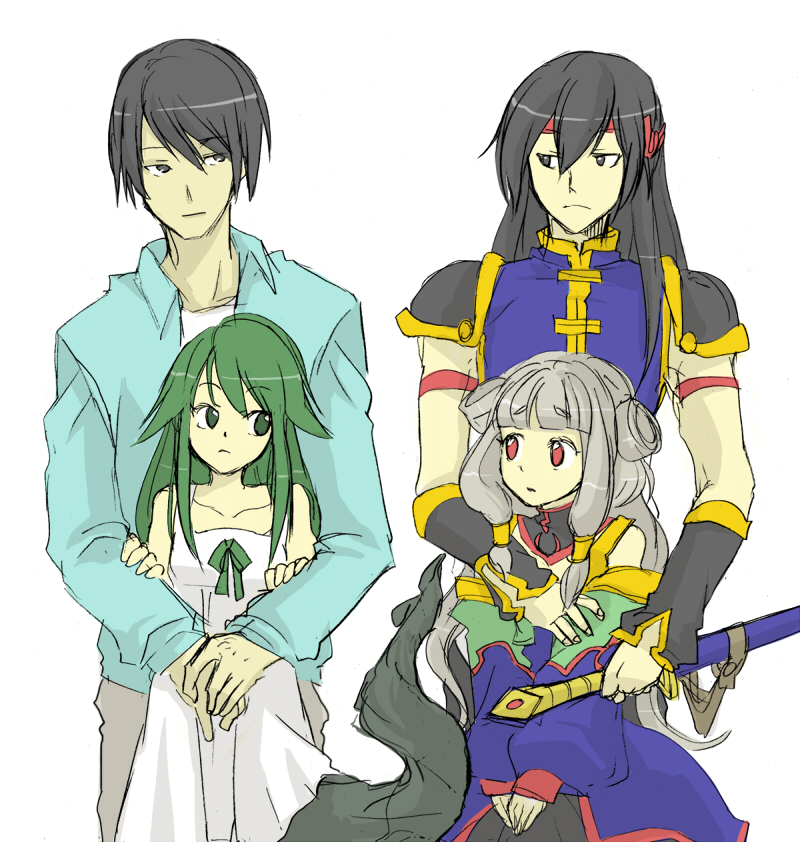 li xingke, midorikawa hikaru, sakisaka fuminori, saya (saya no uta), tianzi, code geass, saya no uta, silver hair, 00s, 2boys, 2girls, chinese clothes, crossover, green eyes, green hair, height difference, long hair, multiple boys, multiple girls, red eyes, size difference, tangzhuang, voice actor connection