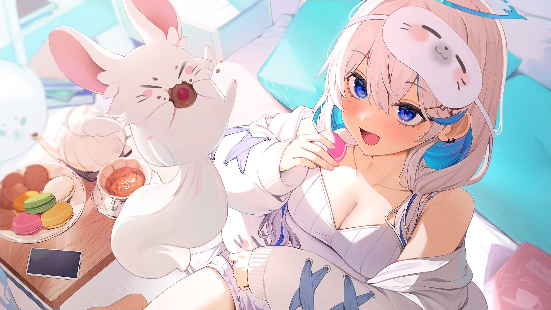 hiiragi mikoto, original, commentary request, commission, highres, skeb commission, 1girl, bare shoulders, bed sheet, blue eyes, blue hair, blush, breasts, cleavage, collarbone, colored inner hair, cup, food, hair between eyes, hair ornament, hairclip, holding, holding food, jacket, long hair, long sleeves, looking at viewer, macaron, medium breasts, multicolored hair, off shoulder, on bed, open mouth, pillow, shirt, sleep mask, smile, solo, teacup, teapot, thighs, white hair, white jacket, white shirt