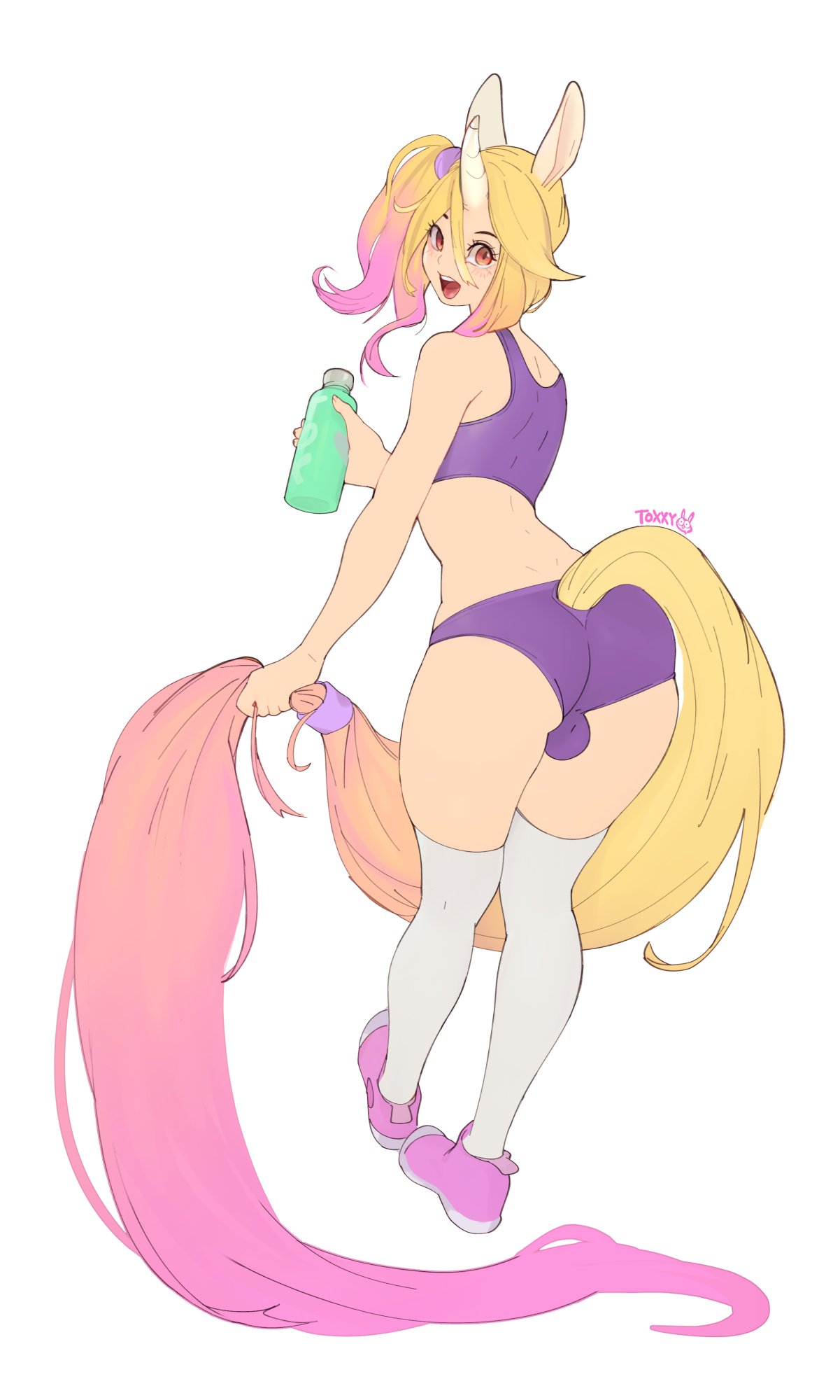 toxxy, original, highres, 1boy, animal ears, artist name, ass, blonde hair, bottle, bulge, eyelashes, full body, gradient hair, holding, holding bottle, holding own leg, horns, horse ears, horse tail, huge ass, long tail, male underwear, multicolored hair, one side up, open mouth, pink hair, purple male underwear, purple tank top, red eyes, shoes, simple background, single horn, smile, sneakers, standing, tail, tank top, thighhighs, trap, underwear, unicorn boy, white background, white thighhighs