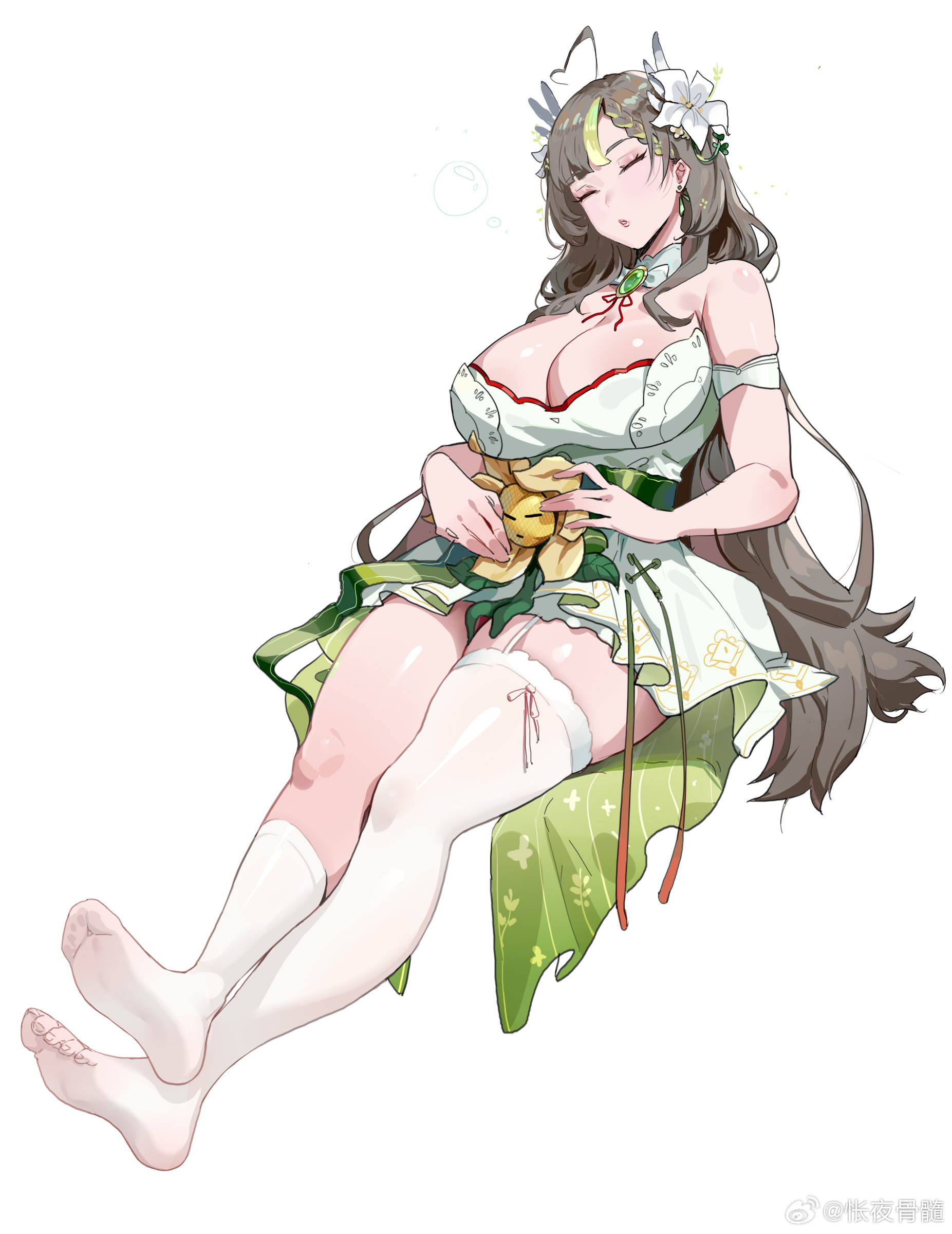 b.sa (bbbs), indie virtual youtuber, absurdres, highres, 1girl, bare shoulders, blush, breasts, brown hair, cleavage, closed eyes, closed mouth, dress, earrings, eyeshadow, feet, flower, full body, green skirt, hair flower, hair ornament, huge breasts, jewelry, long hair, makeup, mature female, multicolored hair, no shoes, purple eyeshadow, sitting, skirt, socks, strapless, thick thighs, thighs, toes, white background, white dress, white socks