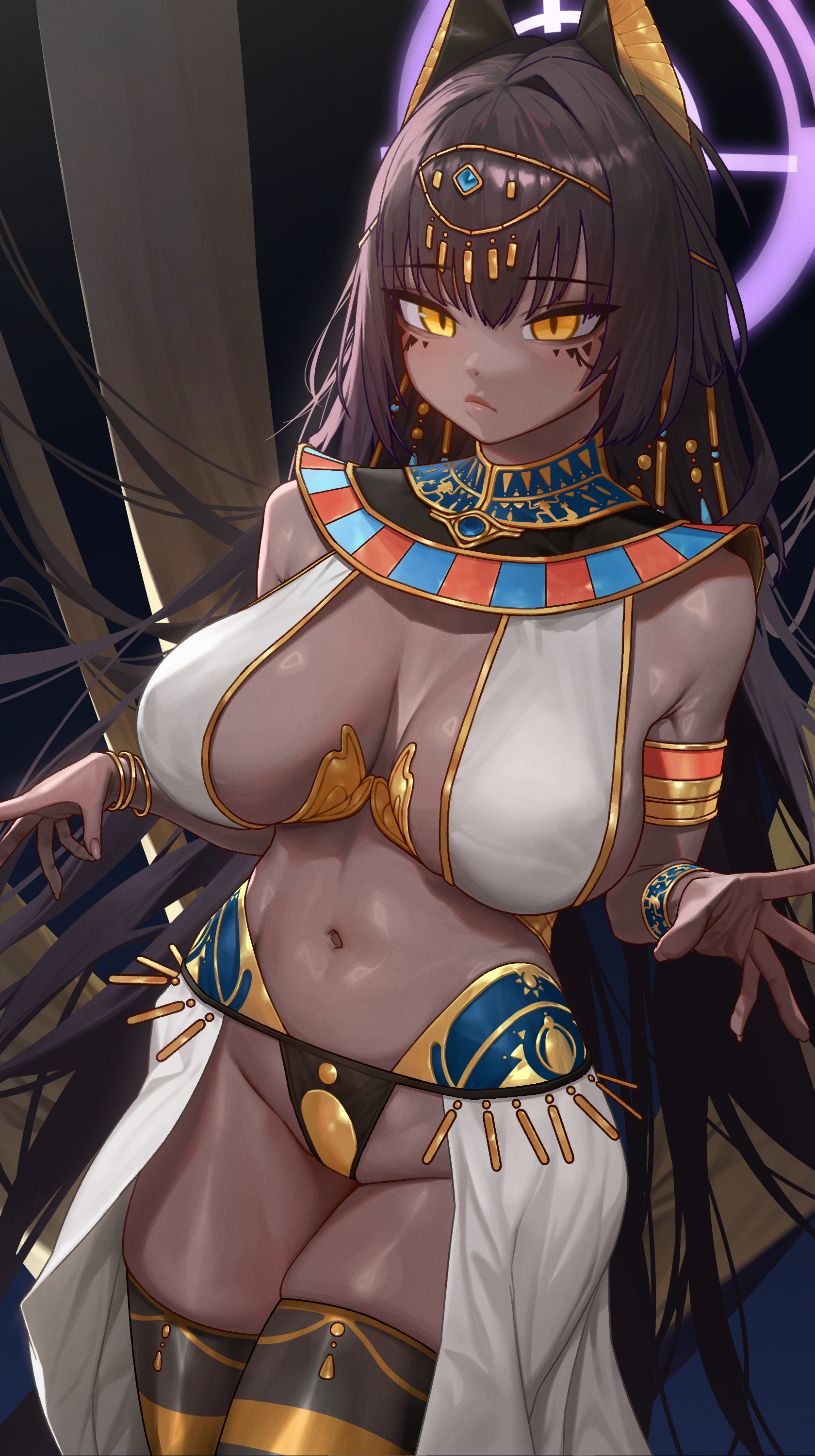 onbawa, karin (blue archive), blue archive, absurdres, highres, 1girl, alternate costume, ancient egyptian, ancient egyptian clothes, animal ears, ankh, bare shoulders, black hair, blush, bracelet, breasts, cat ears, closed mouth, cowboy shot, dark-skinned female, dark skin, eye of horus, gold bracelet, hieroglyphics, if you want to become a godly artist (trend), jackal ears, jewelry, large breasts, long hair, looking at viewer, navel, revealing clothes, solo, standing, stomach, thighhighs, usekh collar, very long hair, yellow eyes