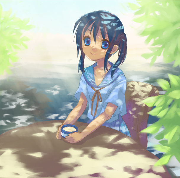 yamada ako, original, bad id, bad pixiv id, 1girl, blue eyes, blue hair, dappled sunlight, female focus, looking at viewer, matching hair/eyes, ponytail, school uniform, serafuku, short hair, short twintails, smile, solo, summer, sunlight, tea, tree shade, twintails