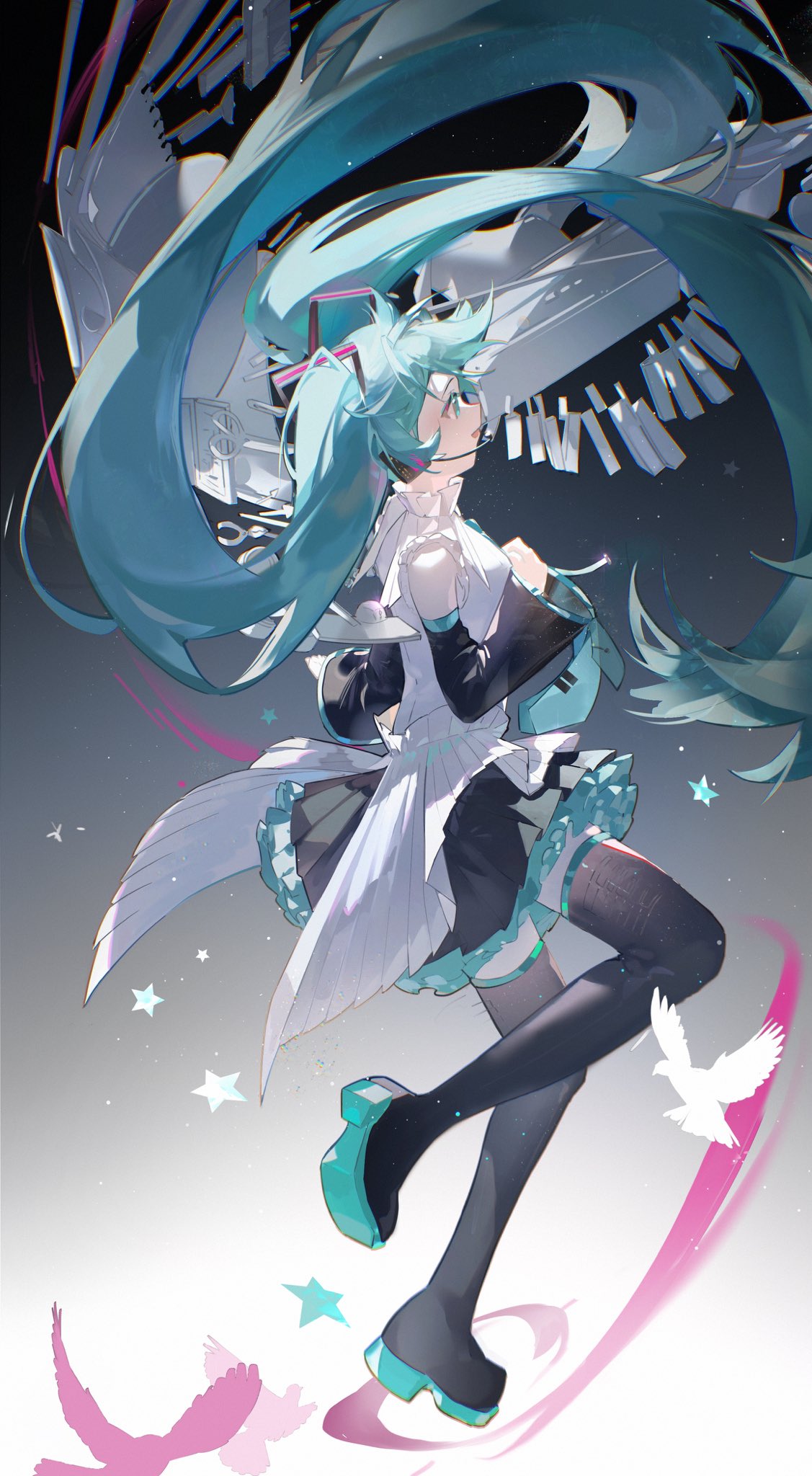 amukeer, hatsune miku, vocaloid, highres, 1girl, bird, black skirt, black sleeves, boots, detached sleeves, dove, floating hair, foot out of frame, frilled skirt, frills, from side, gradient background, headset, instrument, long hair, miku day, necktie, open mouth, piano keys, pleated skirt, profile, shirt, skirt, sleeveless, sleeveless shirt, solo, star (symbol), thigh boots, thighhighs, twintails, very long hair, white bird, white shirt