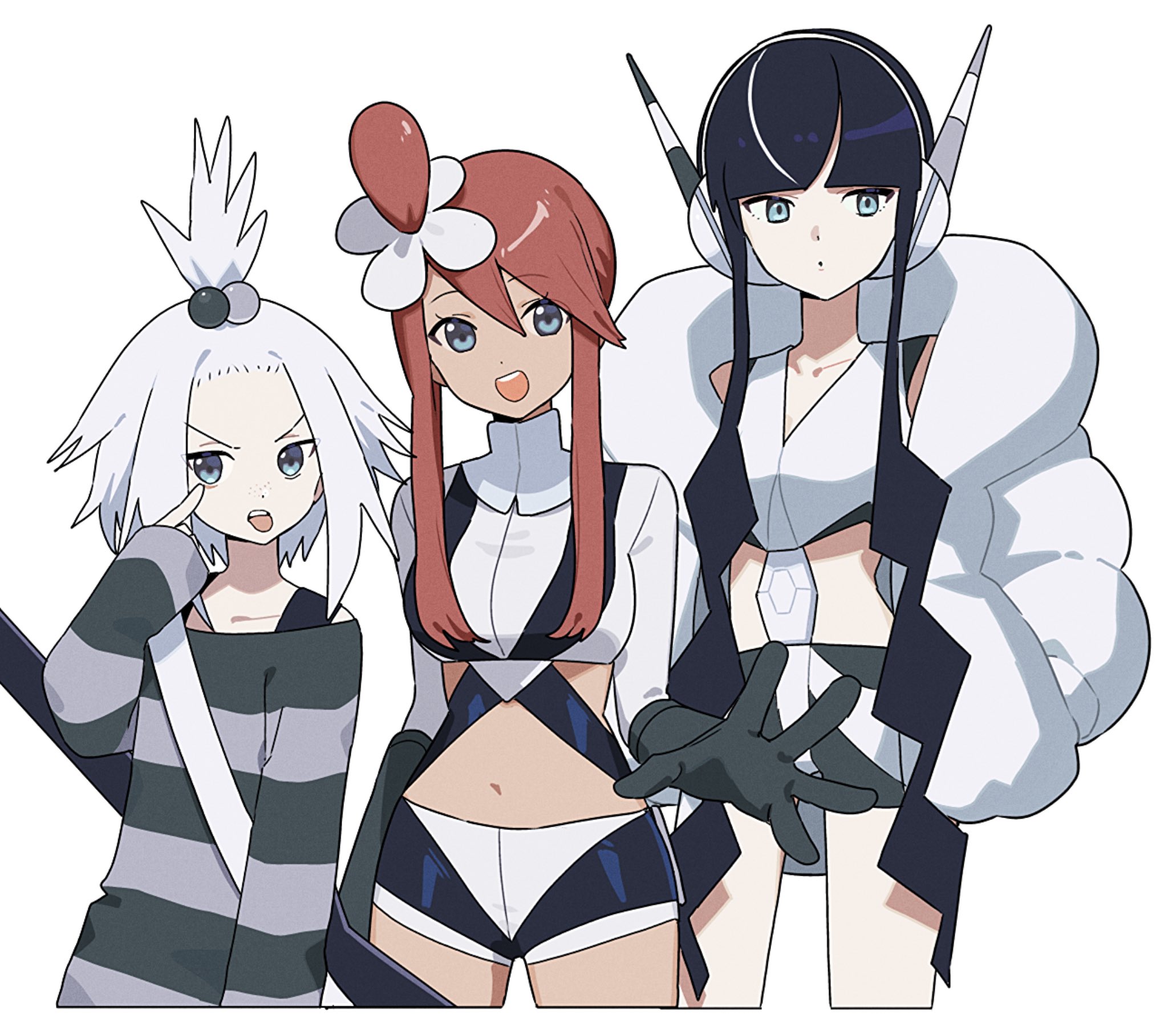 oromnt, elesa (pokemon), roxie (pokemon), skyla (pokemon), nintendo, pokemon, pokemon bw, pokemon bw2, highres, 3girls, alternate color, bass guitar, black hair, blue eyes, blunt bangs, breasts, closed mouth, coat, crop top, cropped jacket, dress, freckles, guitar strap, hair bobbles, hair ornament, headphones, instrument, jacket, long hair, looking at viewer, medium breasts, midriff, multicolored hair bobbles, multiple girls, open mouth, red hair, short hair, short hair with long locks, short shorts, shorts, sidelocks, simple background, smile, striped clothes, striped dress, teeth, topknot, upper teeth only, white background, white coat, white hair