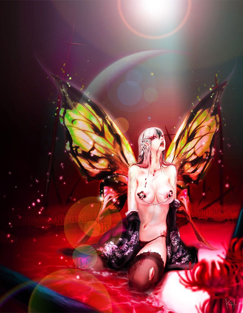 kid (artist), original, topless, black panties, blood, breasts, butterfly wings, cross, fairy, japanese clothes, kimono, long hair, navel, nipple chain, nipple piercing, panties, pantyhose, piercing, tattoo, thighhighs, thong, underwear, vampire, white hair, wings