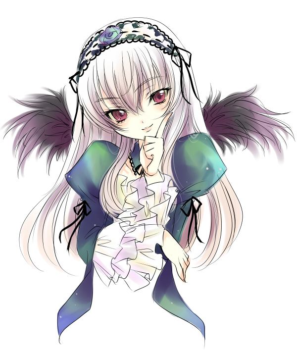 mizunomoto, suigintou, rozen maiden, silver hair, bad id, bad pixiv id, 00s, long hair, mizunomoto (pixiv 199562), purple eyes, solo, wings