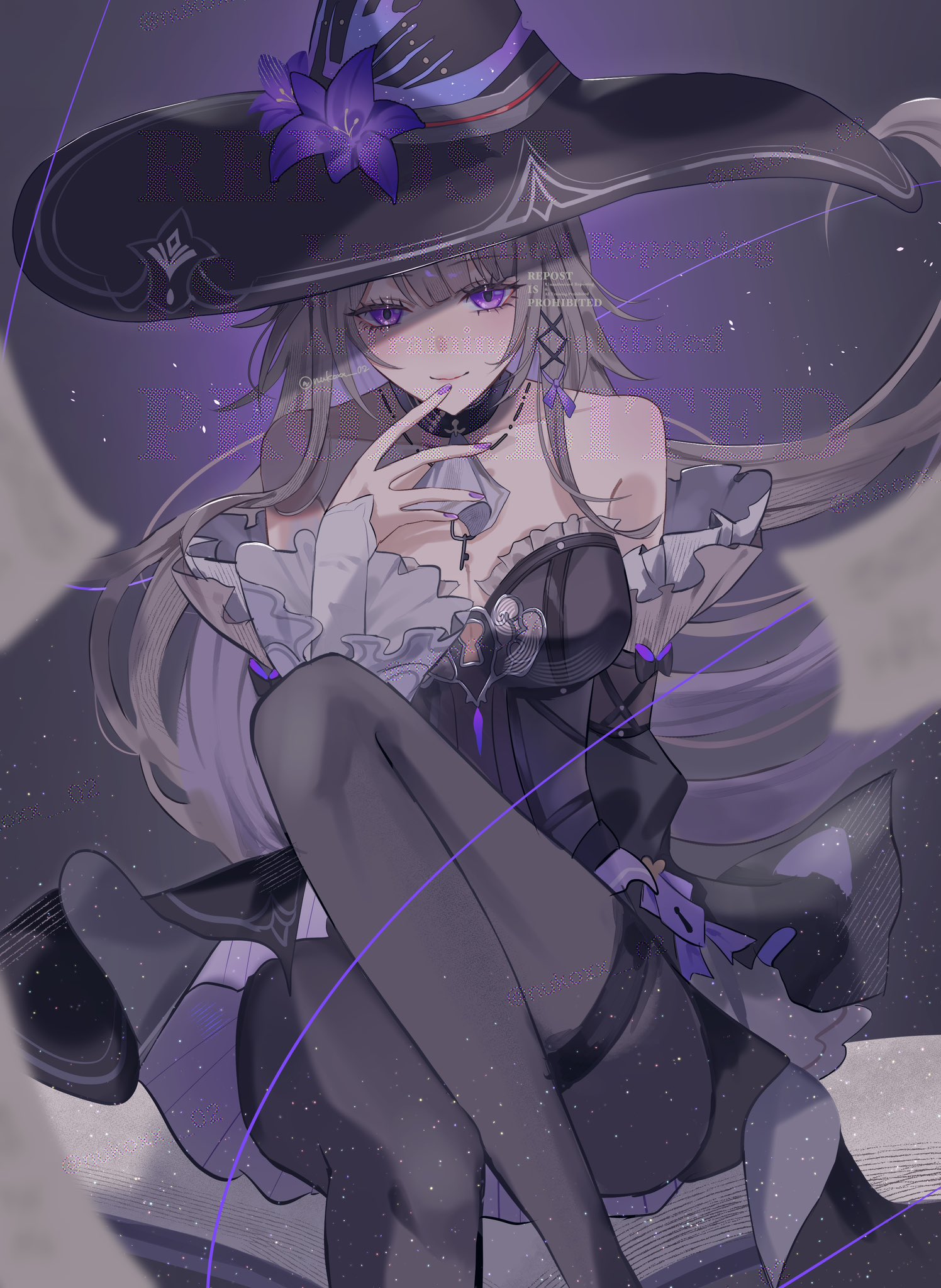 nukoxx 02, herta (honkai: star rail), the herta (honkai: star rail), honkai: star rail, honkai (series), highres, 1girl, bare shoulders, black dress, black hat, black pantyhose, breasts, cleavage, closed mouth, detached sleeves, dress, hat, knee up, long hair, long sleeves, looking at viewer, pantyhose, purple eyes, sitting, smile, solo, witch hat