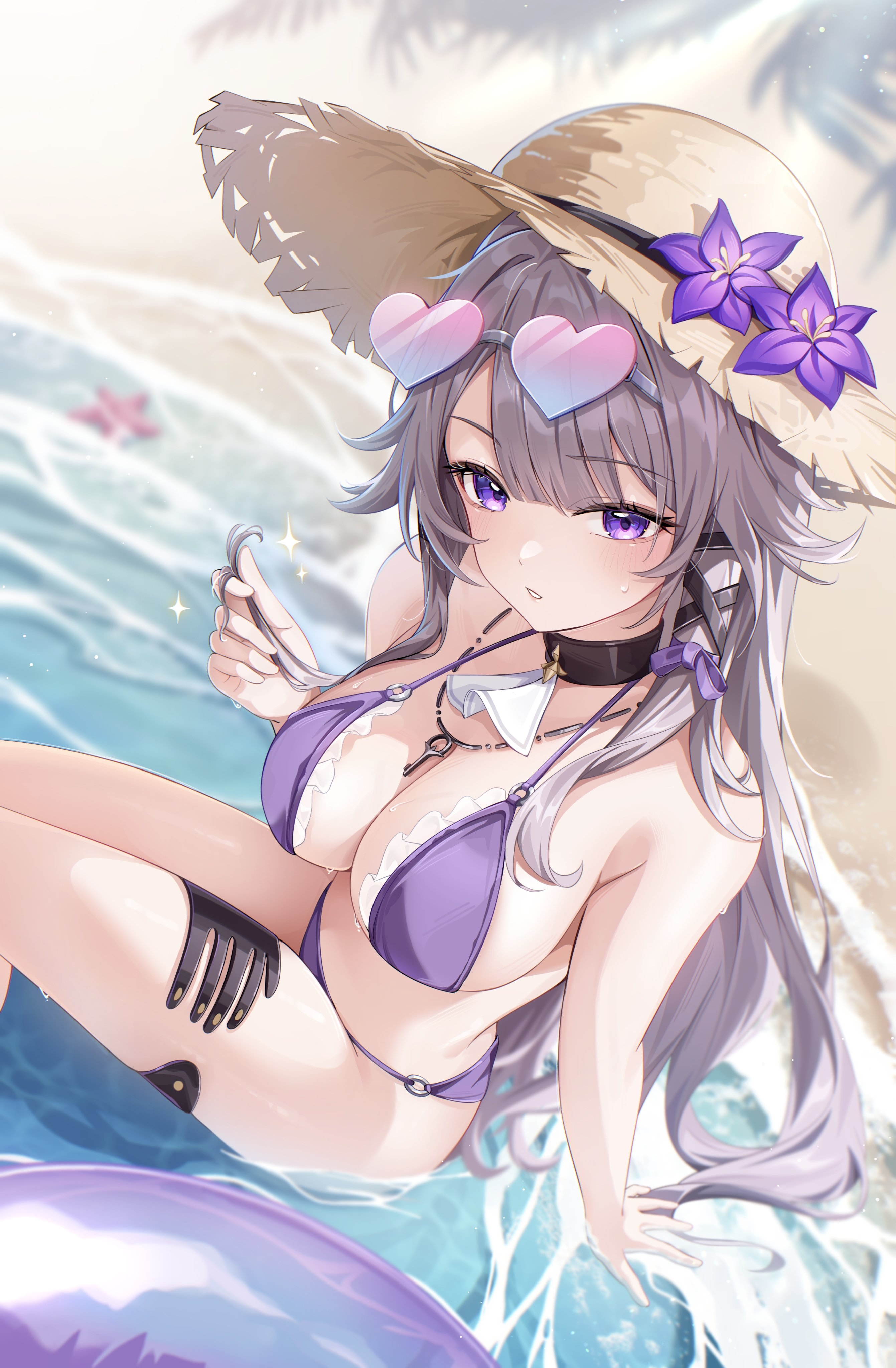 aida noa, herta (honkai: star rail), the herta (honkai: star rail), honkai: star rail, honkai (series), absurdres, highres, 1girl, alternate costume, arm support, beach, bikini, breasts, eyewear on head, grey hair, hat, heart, heart-shaped eyewear, innertube, jewelry, key, key necklace, looking at viewer, medium breasts, necklace, partially submerged, playing with own hair, purple bikini, purple eyes, sitting, solo, straw hat, swim ring, swimsuit, water