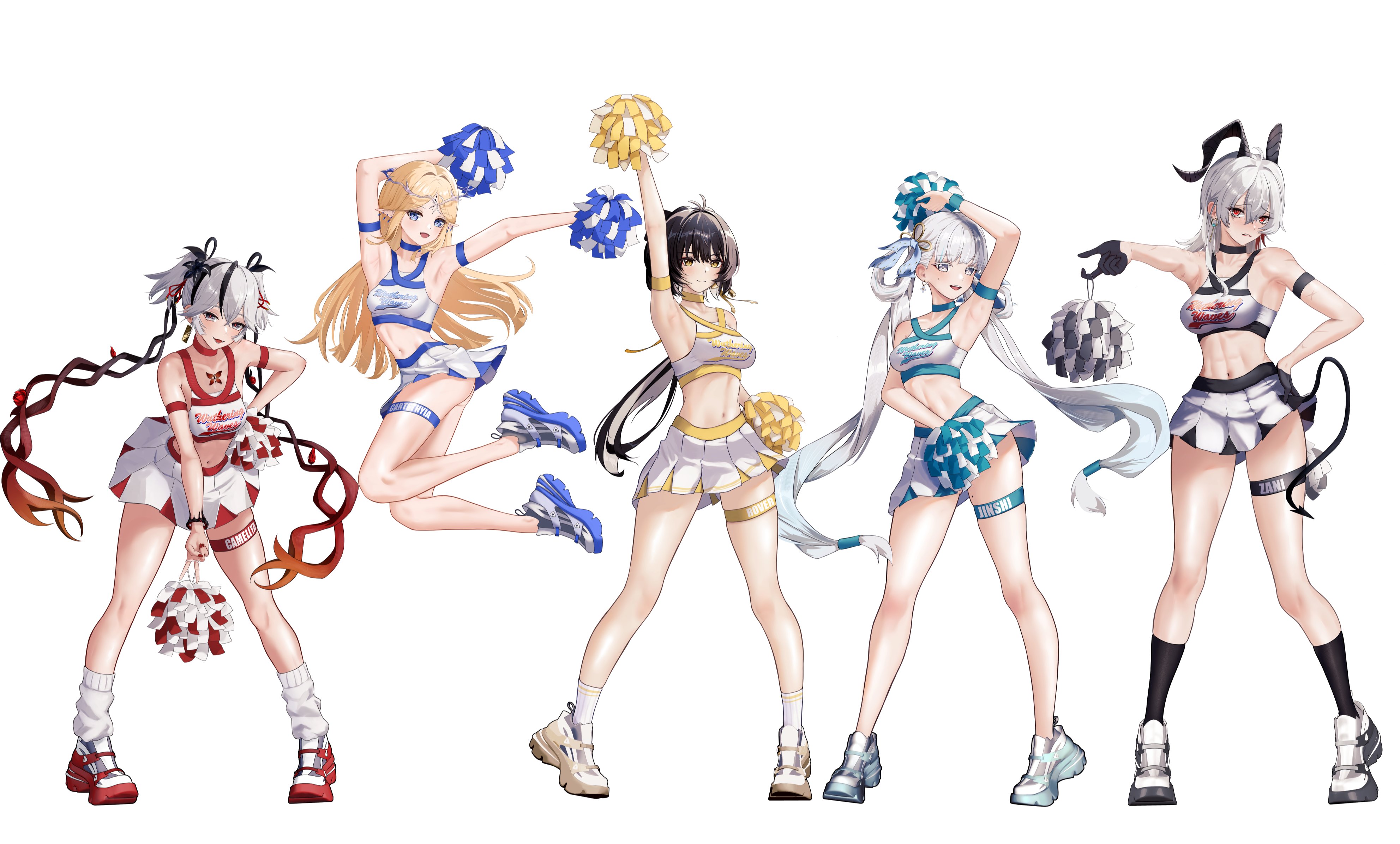utim, camellya (wuthering waves), cartethyia (wuthering waves), female rover (wuthering waves), jinhsi (wuthering waves), rover (wuthering waves), zani (wuthering waves), wuthering waves, absurdres, commentary request, highres, 5girls, abs, alternate costume, arm strap, arm up, armpits, bare shoulders, black flower, black gloves, black horns, blake bloom (wuthering waves), blonde hair, blue eyes, breasts, character name, cheerleader, collarbone, crop top, crown of thorns, curled horns, flower, gloves, grey hair, hair flower, hair ornament, hair rings, hair vines, hand on own hip, horns, jumping, leaning forward, low twintails, medium breasts, midriff, multicolored hair, multiple girls, navel, pointy ears, pom pom (cheerleading), red eyes, shirt, shoes, short hair, sidelocks, simple background, skirt, socks, stomach, streaked hair, tacet mark (wuthering waves), thigh strap, thighs, twintails, white background, white hair, white shirt, white shoes, white skirt, white socks, yellow eyes