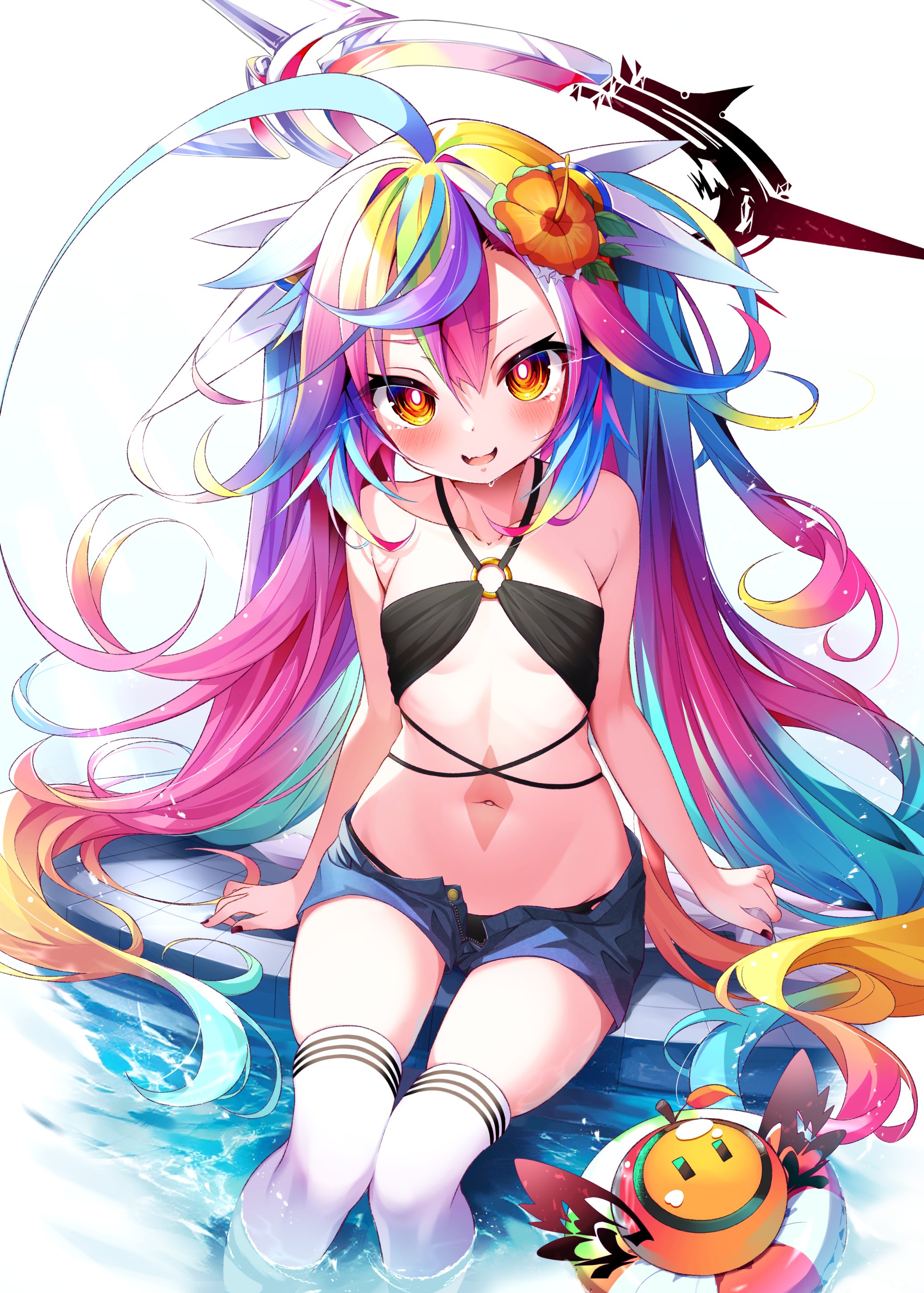 fusen haru, ochite miro, absurdres, highres, 1girl, bikini, black bikini, blue hair, blue shorts, blush, breasts, denim, denim shorts, flower, gradient hair, hair flower, hair ornament, long hair, looking at viewer, multicolored hair, navel, open fly, orange eyes, pink hair, pool, poolside, purple hair, short shorts, shorts, sitting, small breasts, solo, swimsuit, thighhighs, twintails, very long hair, white thighhighs