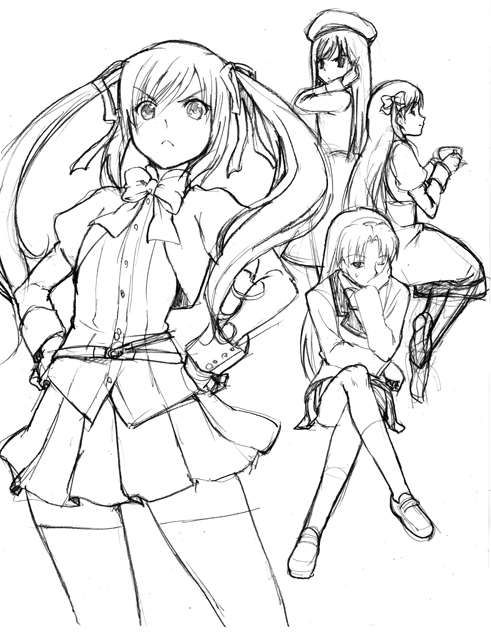 marumi, amatsuka haruka, amatsuka hikaru, amatsuka tsurara, amatsuka urara, baby princess, 10s, greyscale, monochrome, sketch, thighhighs