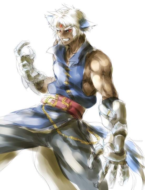 nekomamire, zafira, lyrical nanoha, mahou shoujo lyrical nanoha, mahou shoujo lyrical nanoha a's, 00s, 1boy, animal ears, claws, dark-skinned male, dark skin, male focus, muscular, red eyes, solo, white hair