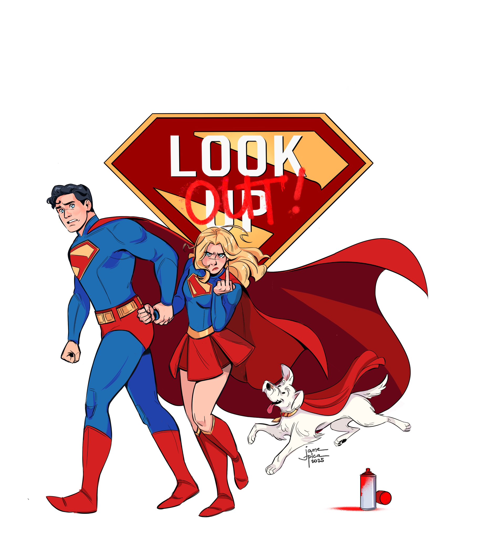 janepicaart, krypto the superdog, supergirl, superman, dc comics, superman (series), highres, 1boy, 1girl, black hair, blonde hair, blue bodysuit, blue eyes, blue shirt, bodysuit, boots, cape, dog, long hair, looking at viewer, male underwear, middle finger, red boots, red cape, red male underwear, red skirt, shirt, short hair, signature, simple background, skirt, spray paint, superman logo, underwear, white background, white dog